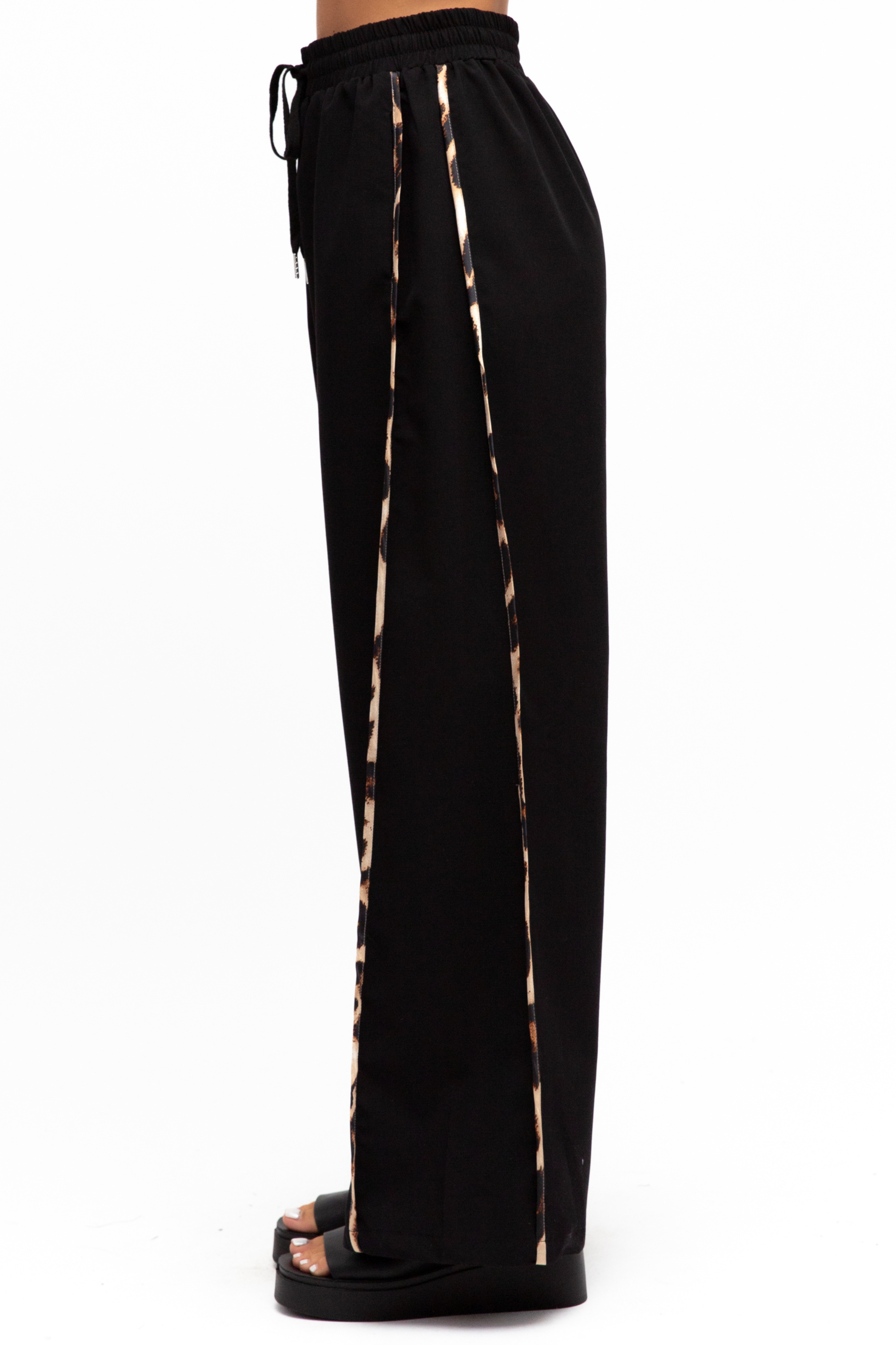 Dakota Relaxed Drawstring Pants - Black with Leopard Detail