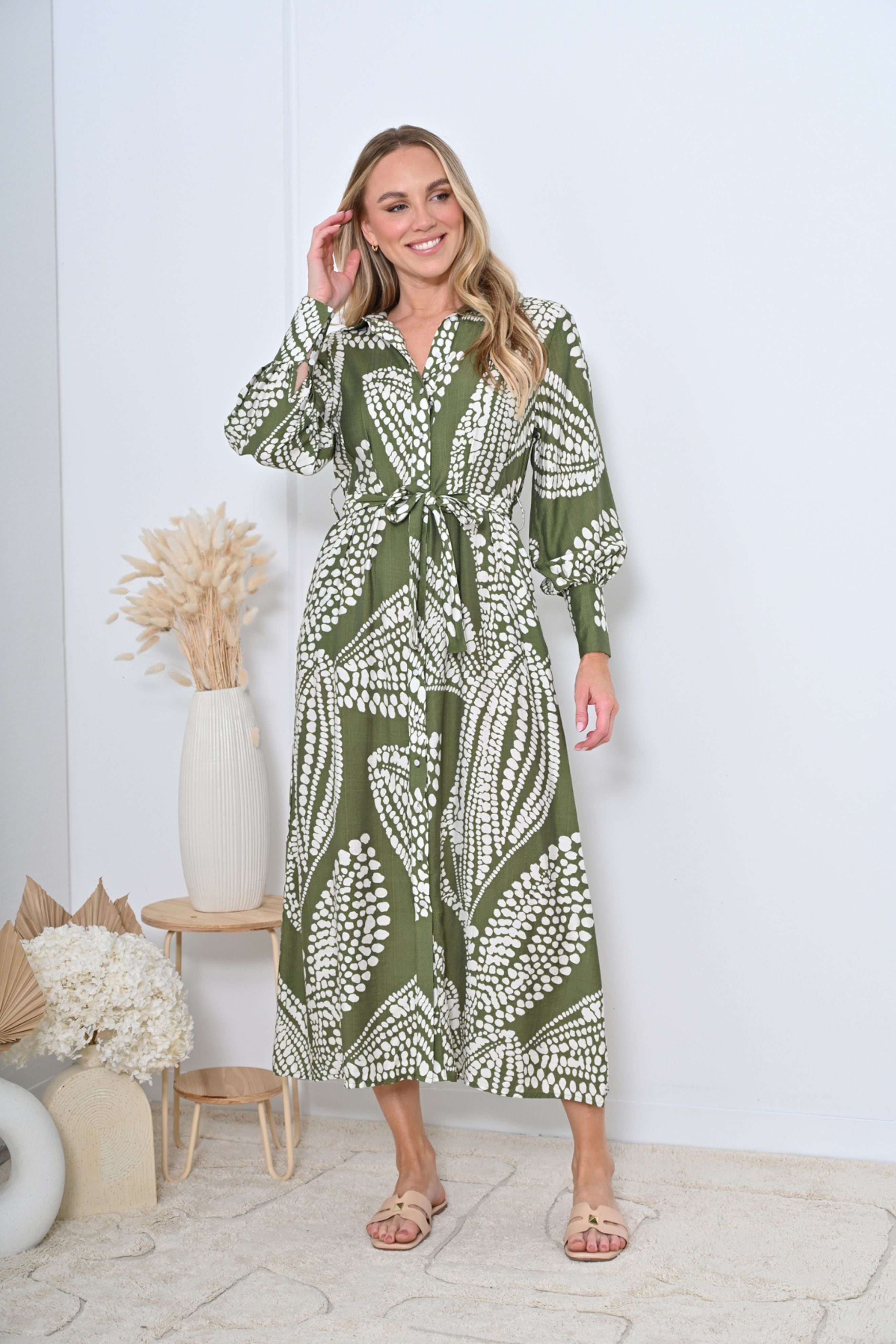 Isla Dress in Green and White