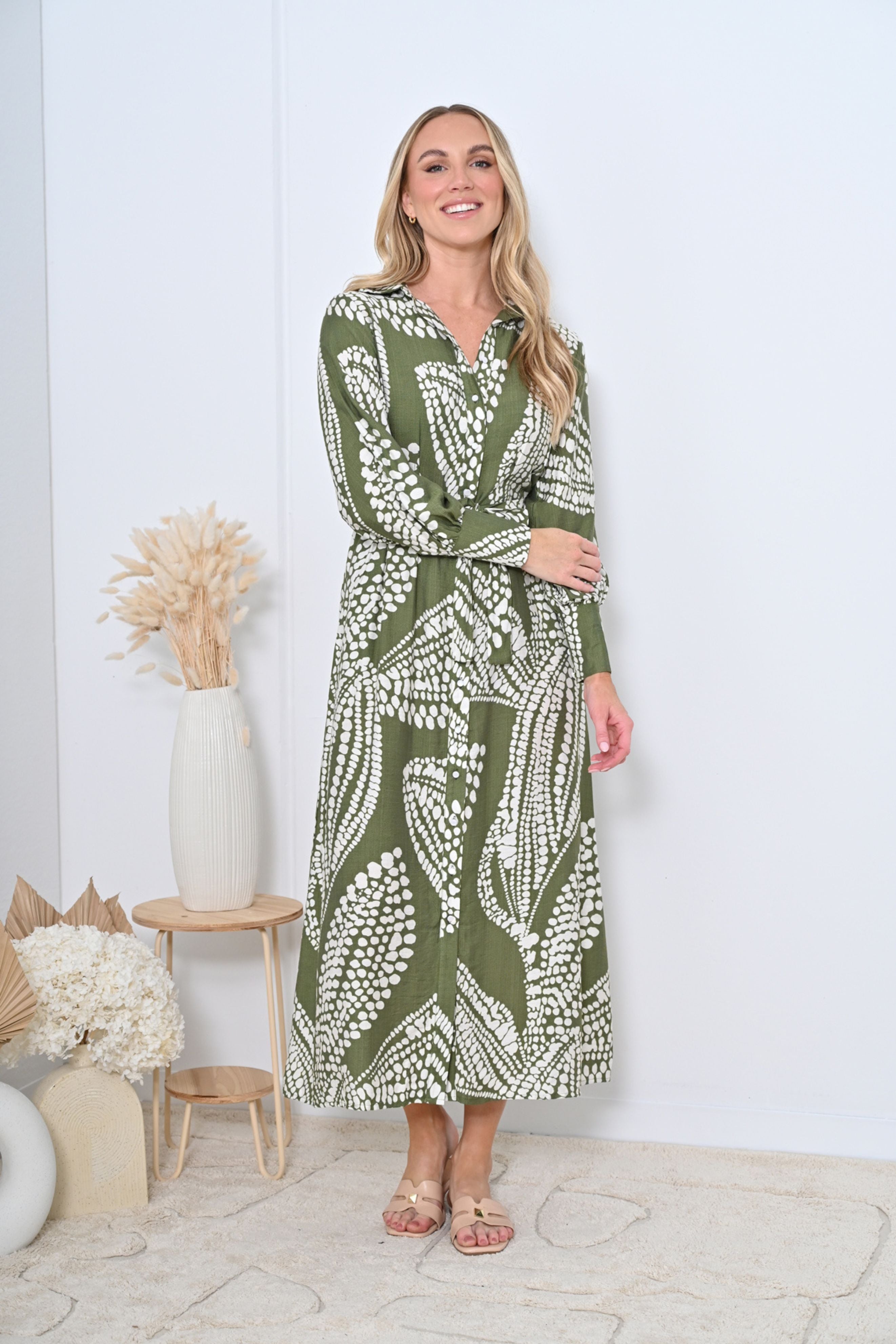 Isla Dress in Green and White