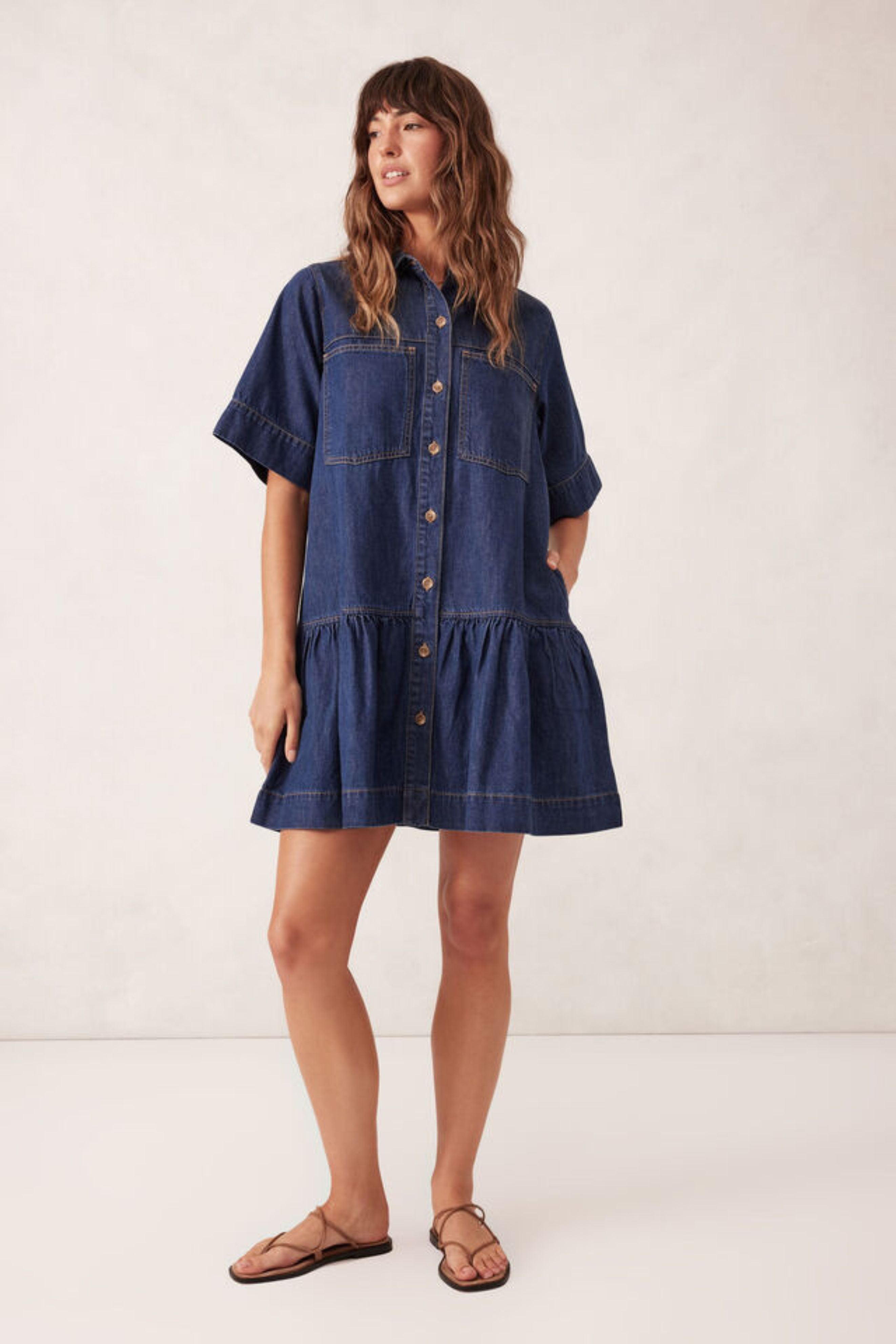 Piper Short Sleeve Tiered Pocket Shirt Dress - Midnight Blue