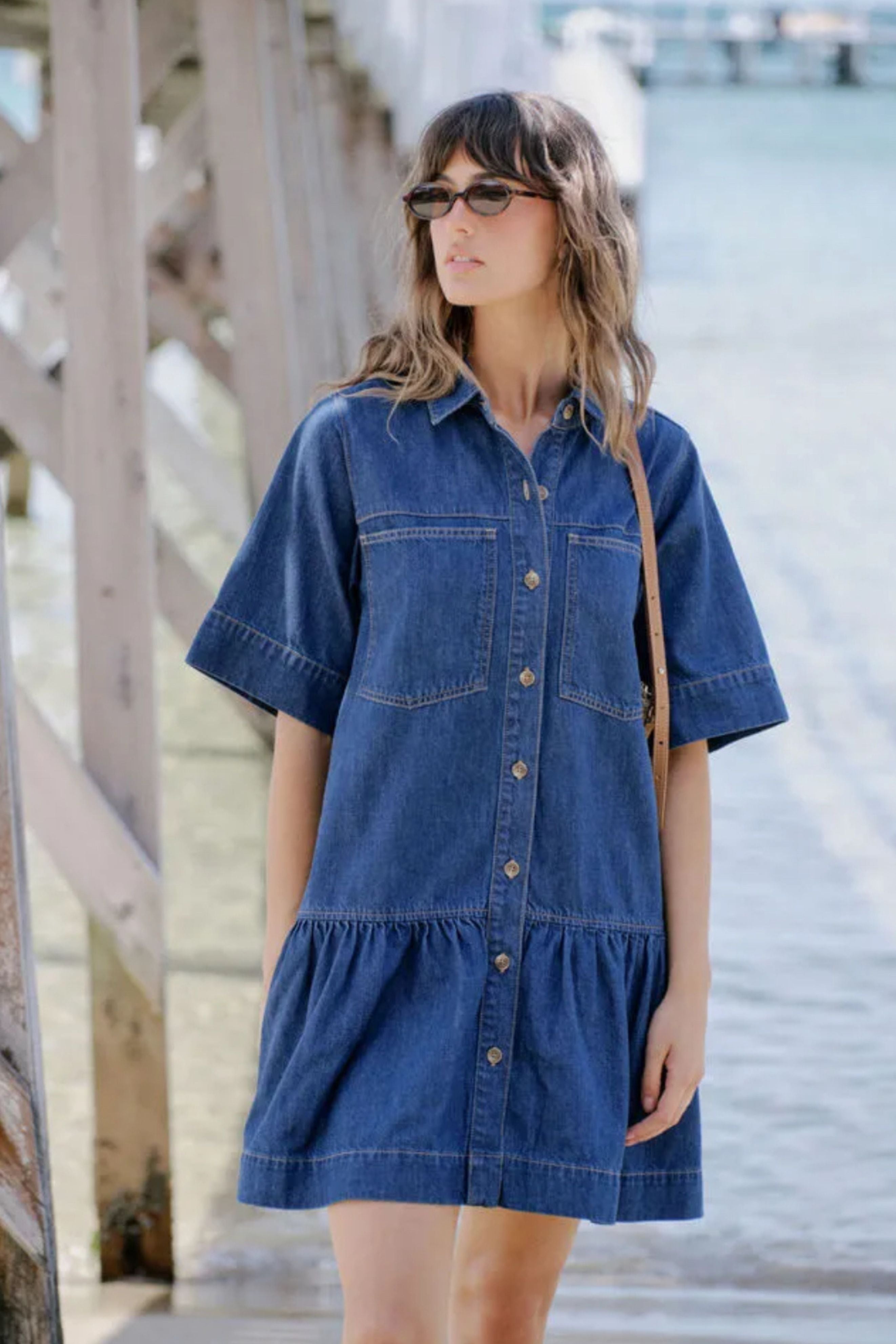 Piper Short Sleeve Tiered Pocket Shirt Dress - Midnight Blue