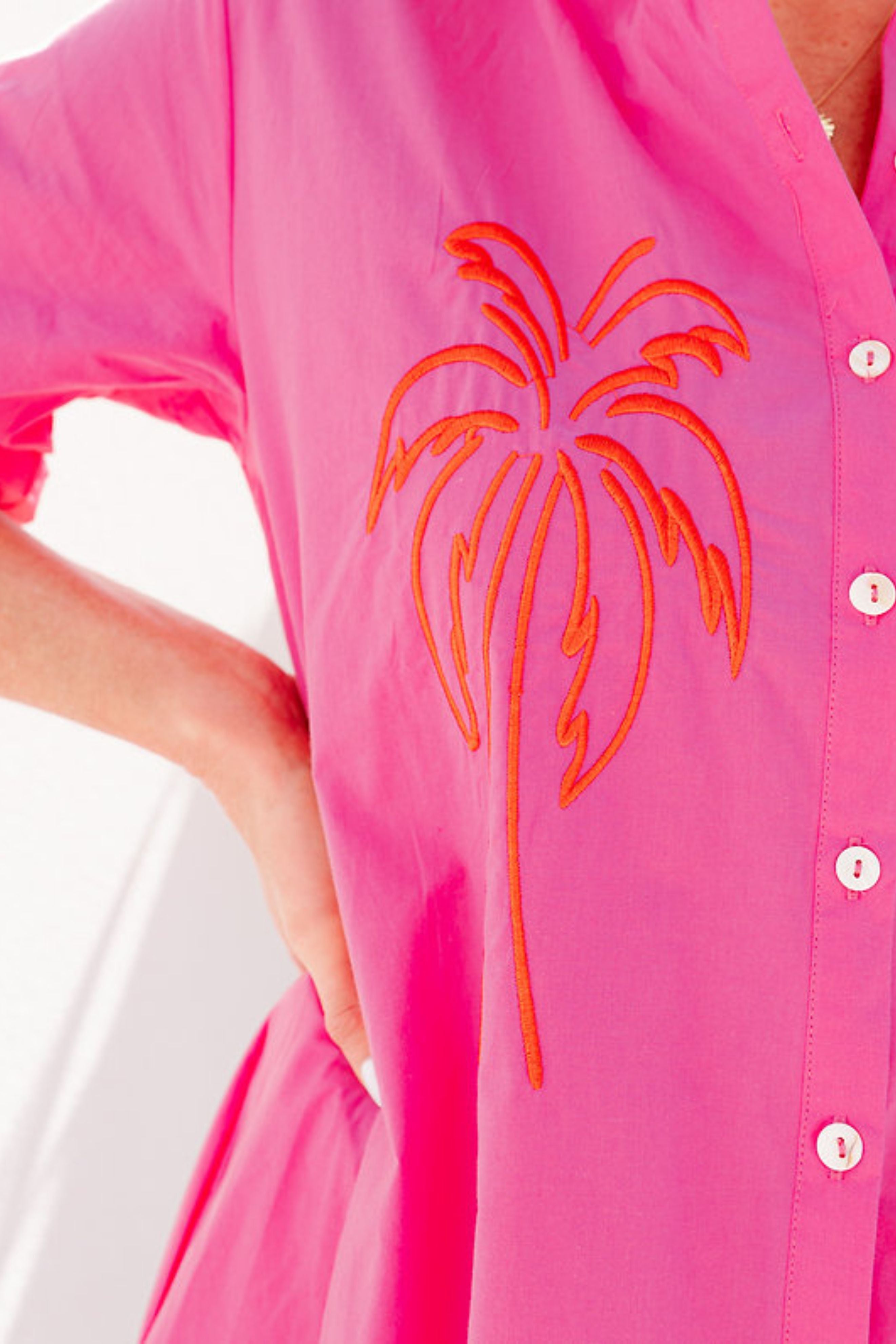 Callie Shirt Dress in Pink with Red Palm Print