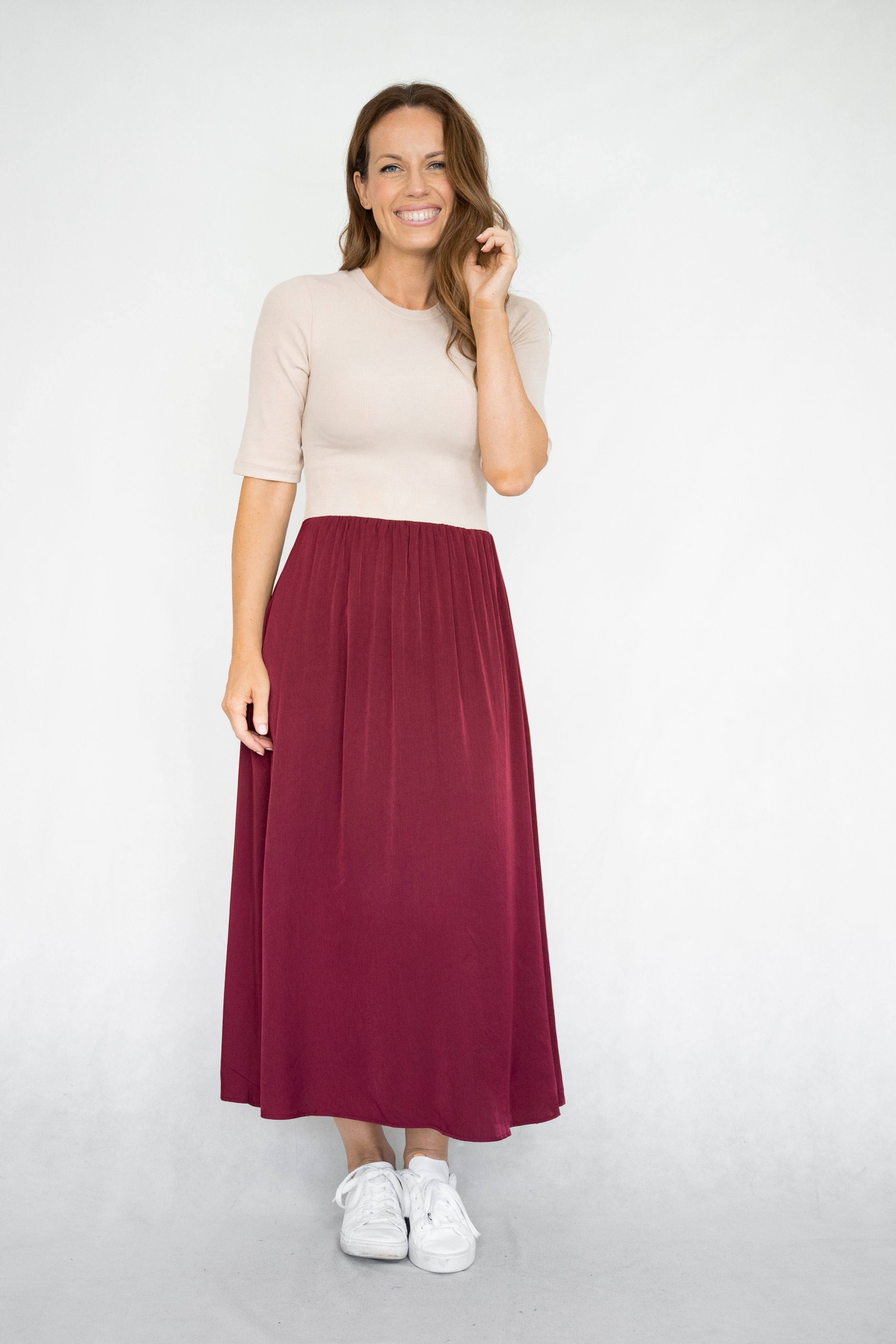 Sasha Dress in Beige and Burgandy