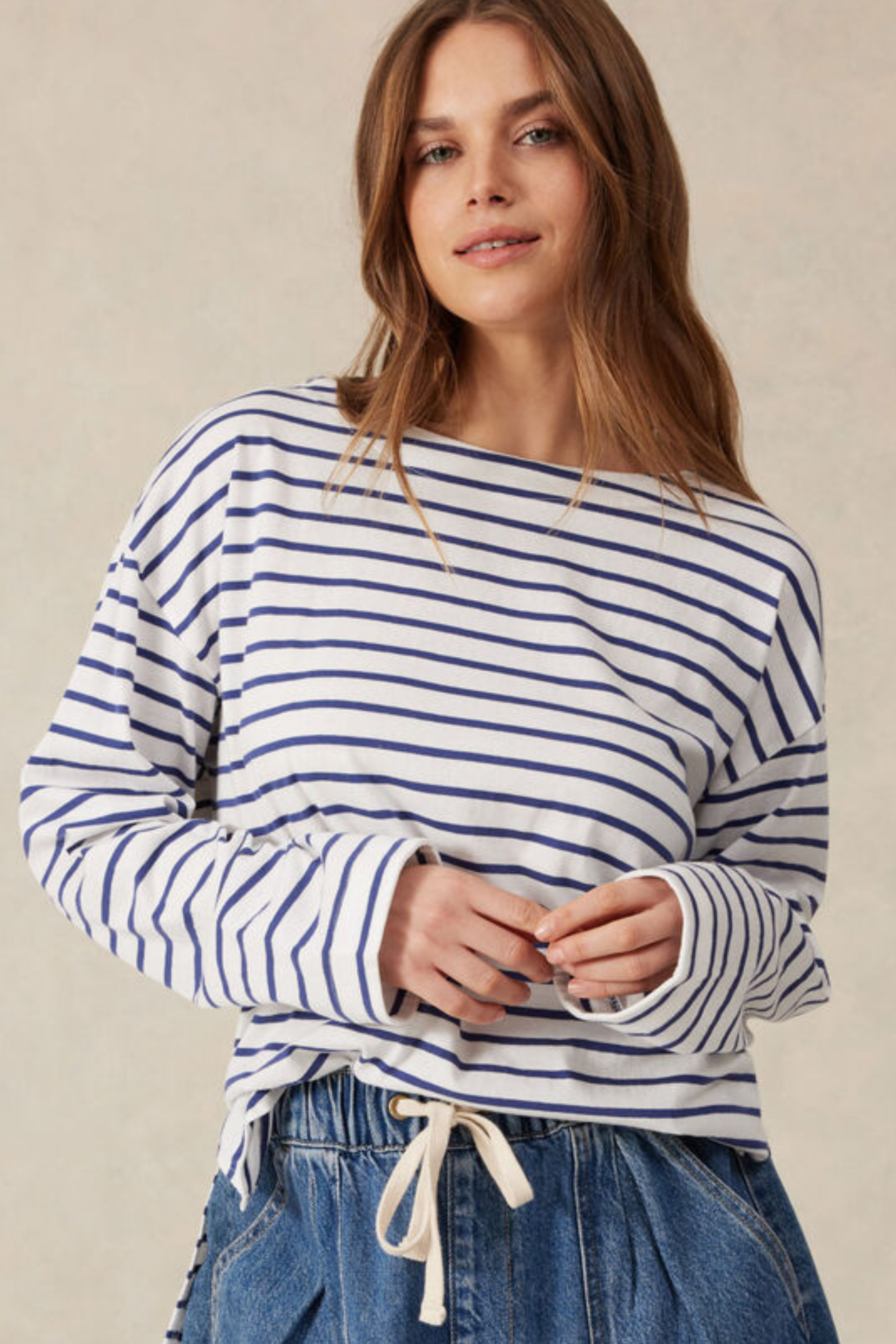 Slouchy Long Sleeve Boat Neck - Blue and White