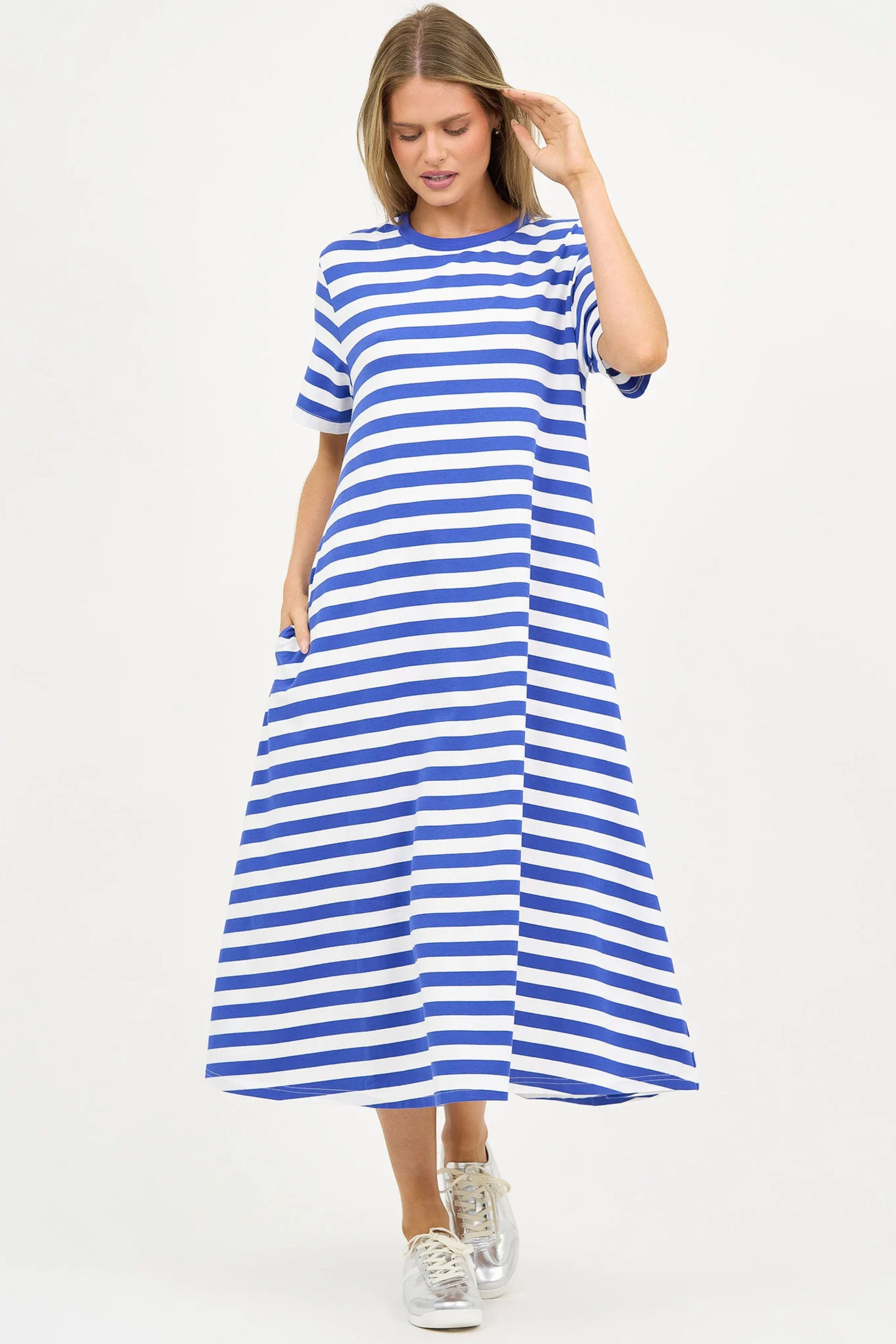 Tilly Cotton Jersey Stripe Dress - Cobalt Blue and White