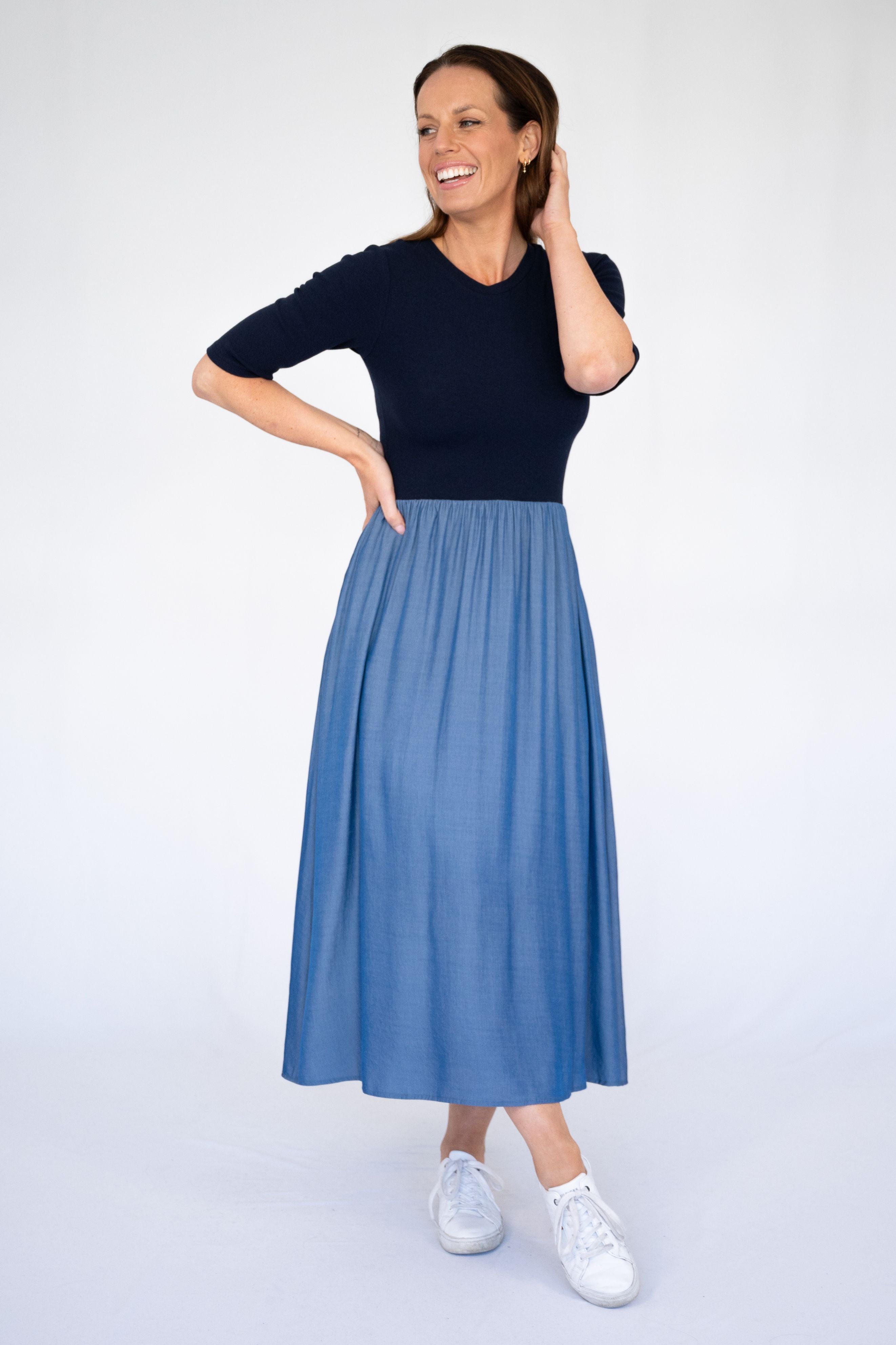 Sasha Dress in Navy and Chambray