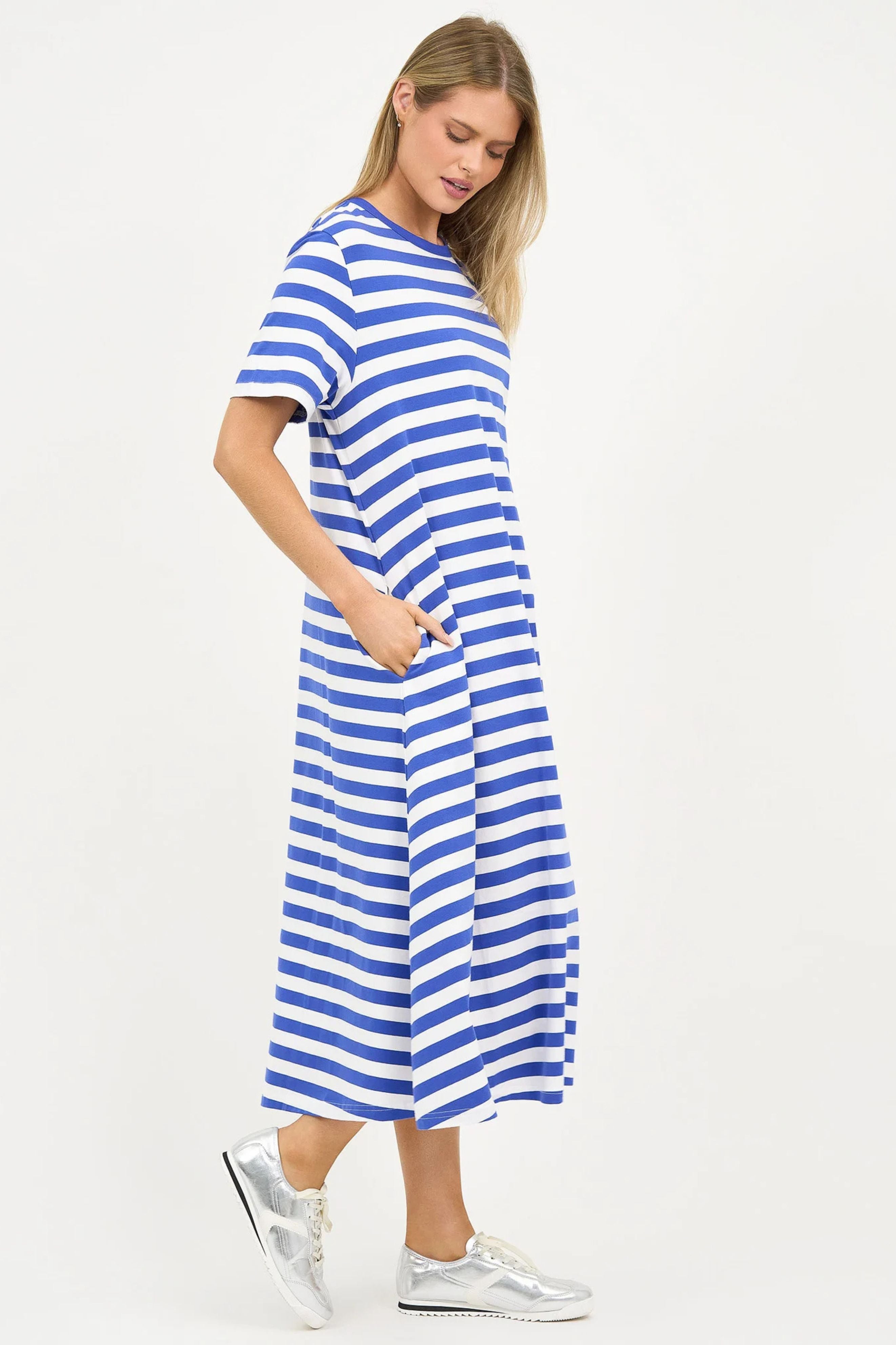 Tilly Cotton Jersey Stripe Dress - Cobalt Blue and White