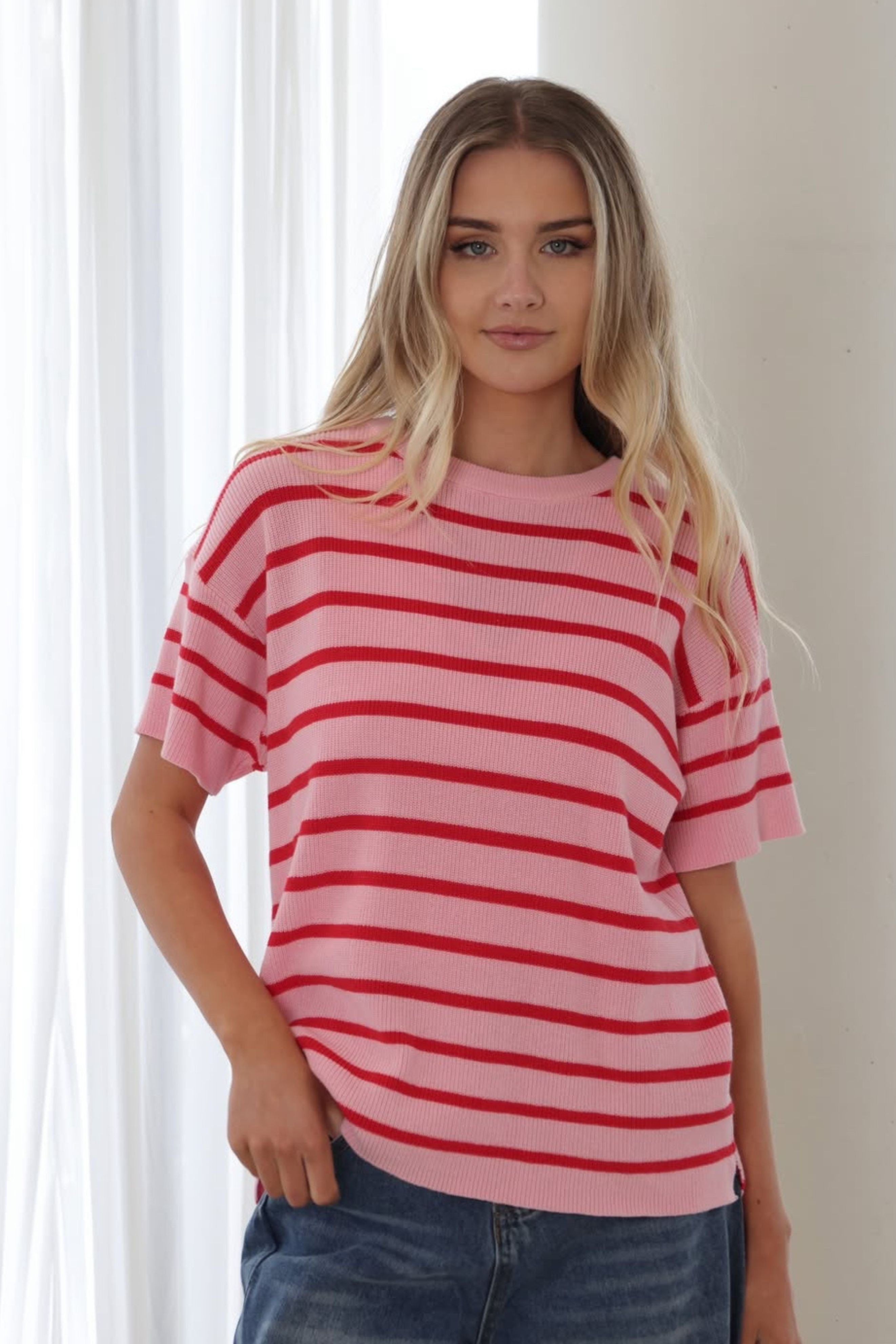 Billie Cotton Tee - Pink with Red Stripe
