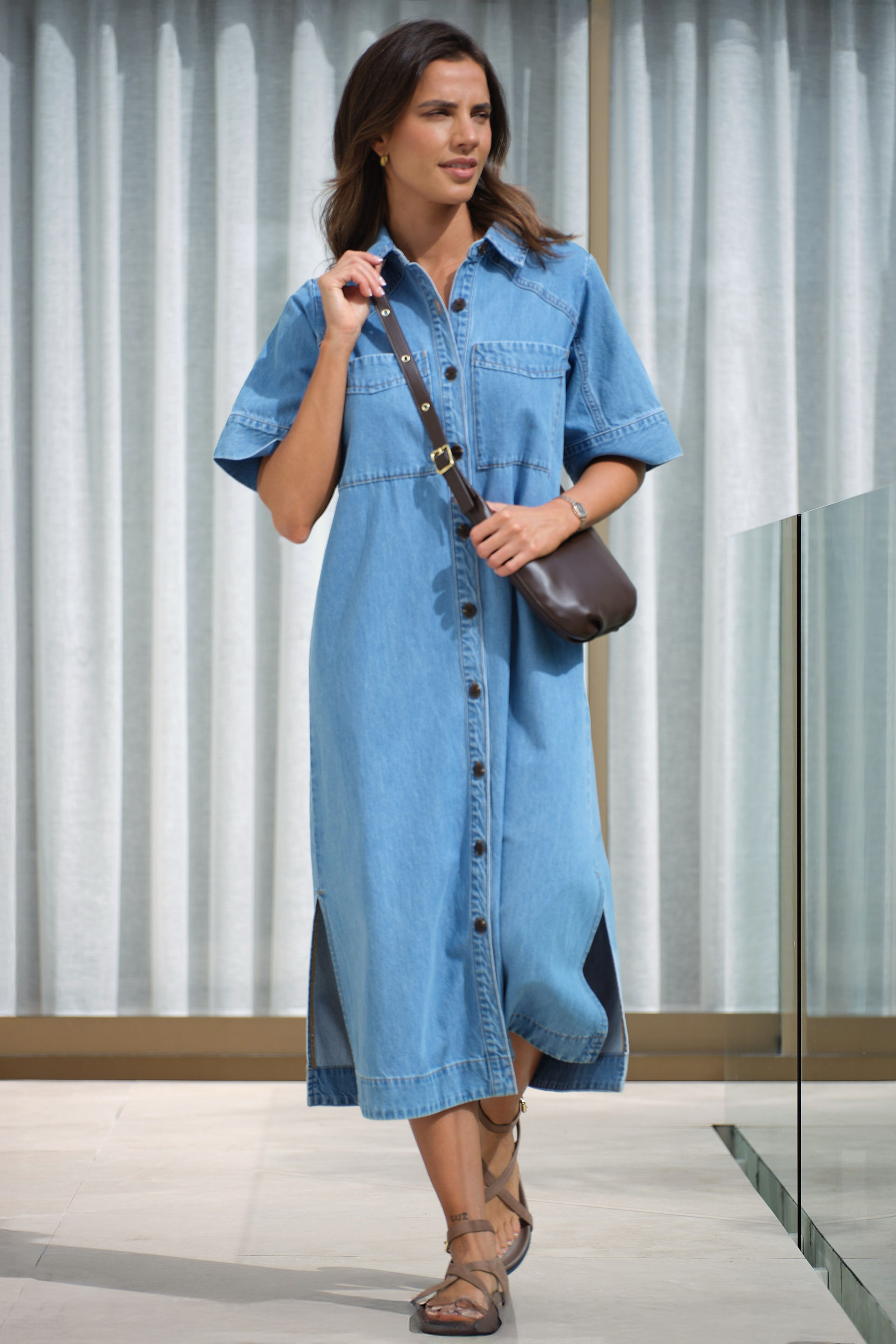 Ava Short Sleeve Midi Dress in Denim