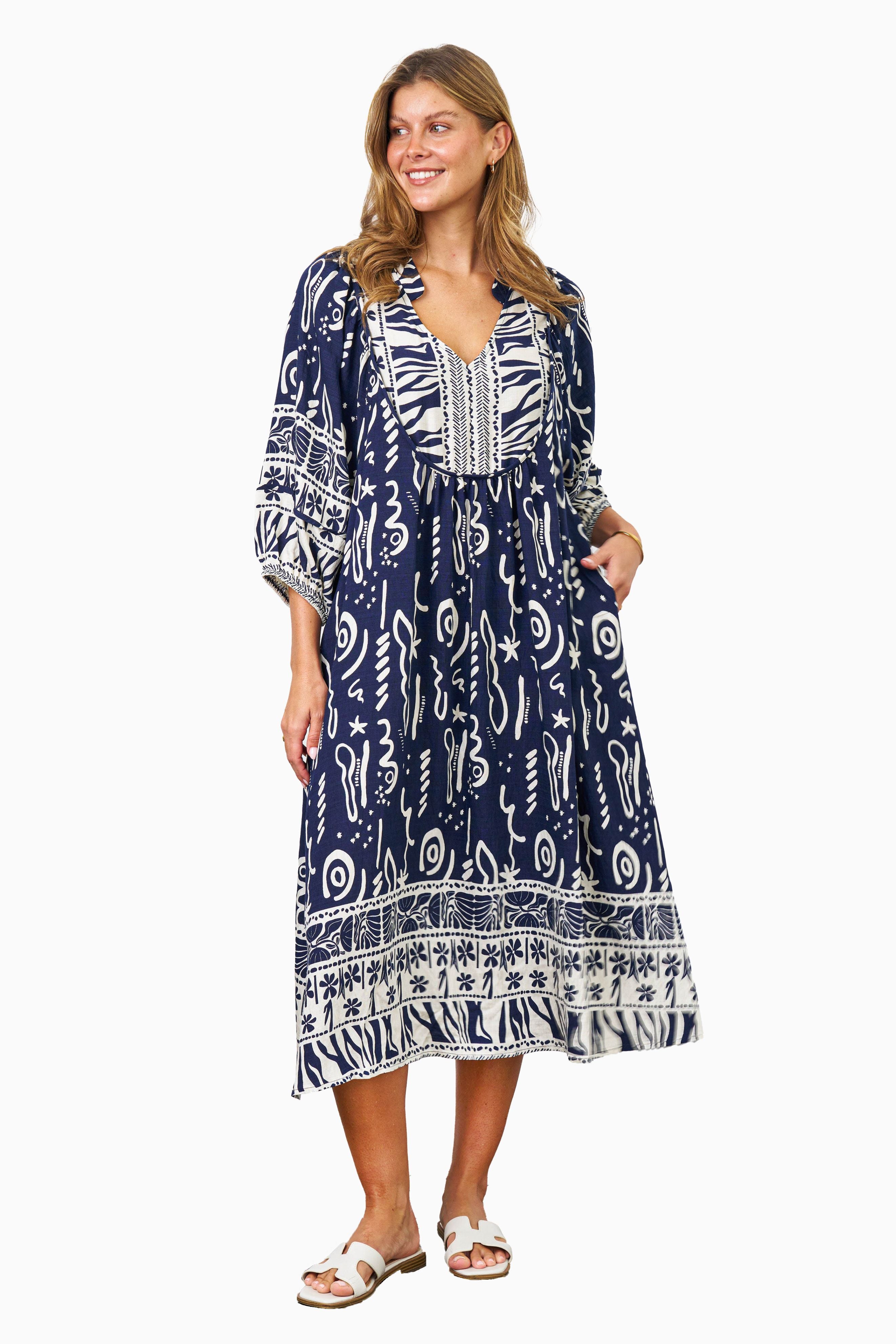 Andie Midi Dress in Navy and White