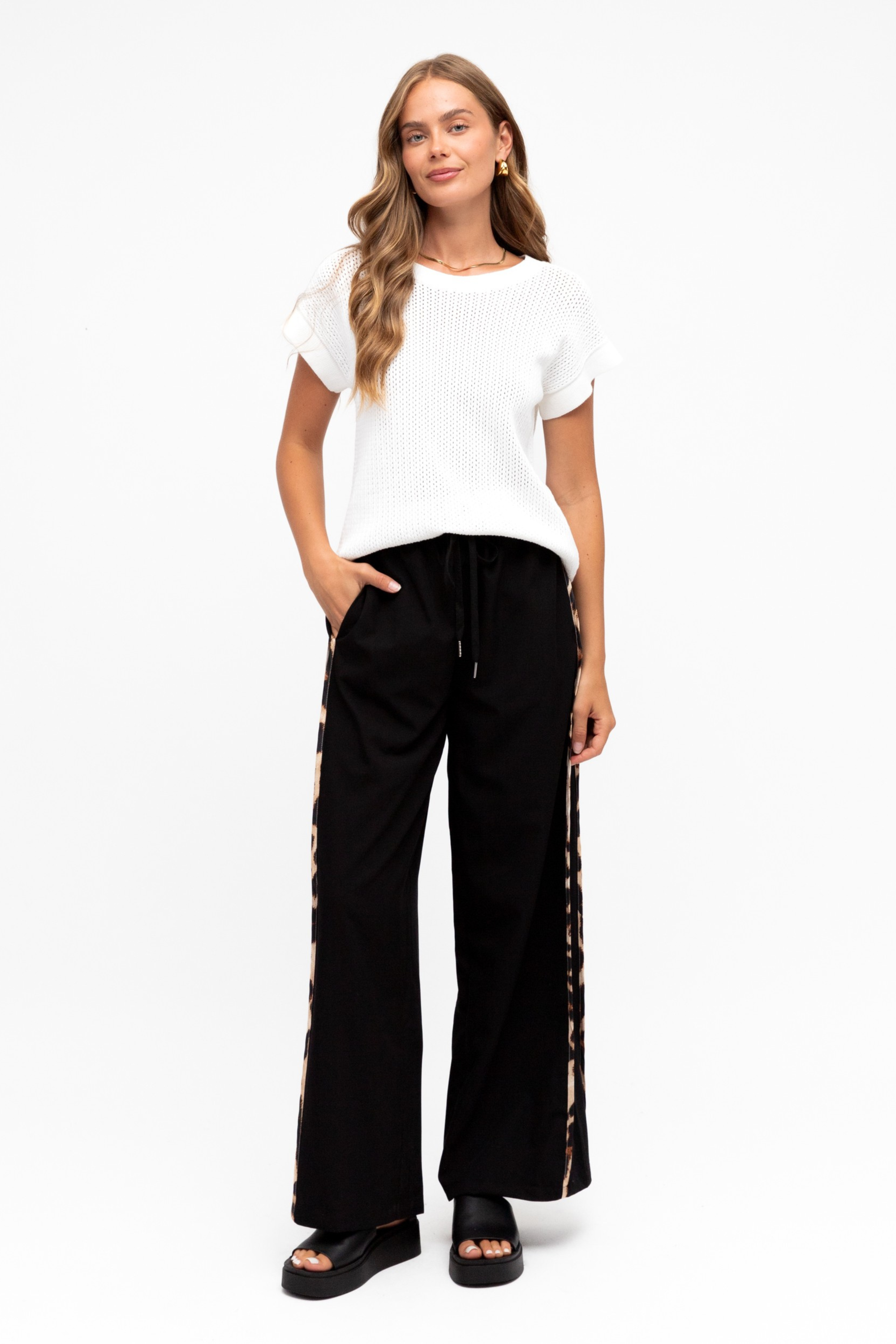Dakota Relaxed Drawstring Pants - Black with Leopard Detail