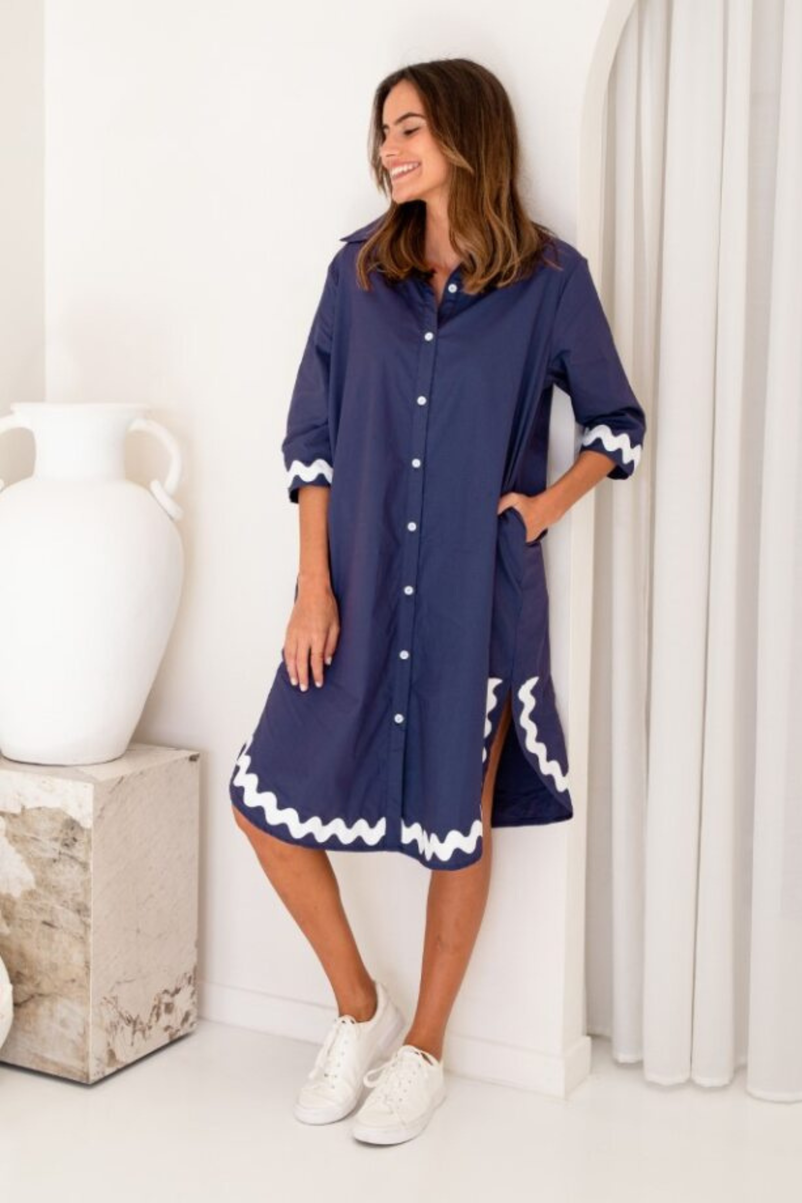 Rhodes Shirt Dress in Navy and White