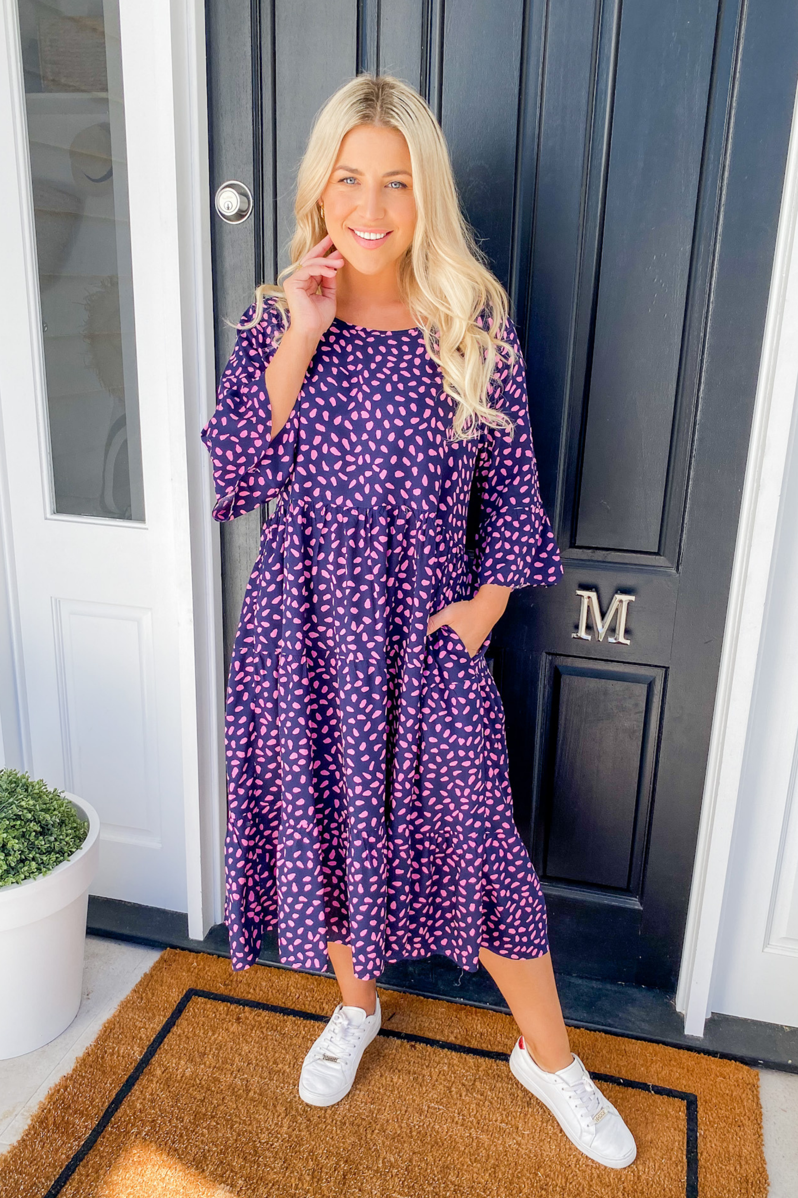 Sarah Midi Dress in Navy and Pink Spot Print Social Fabric Clothing