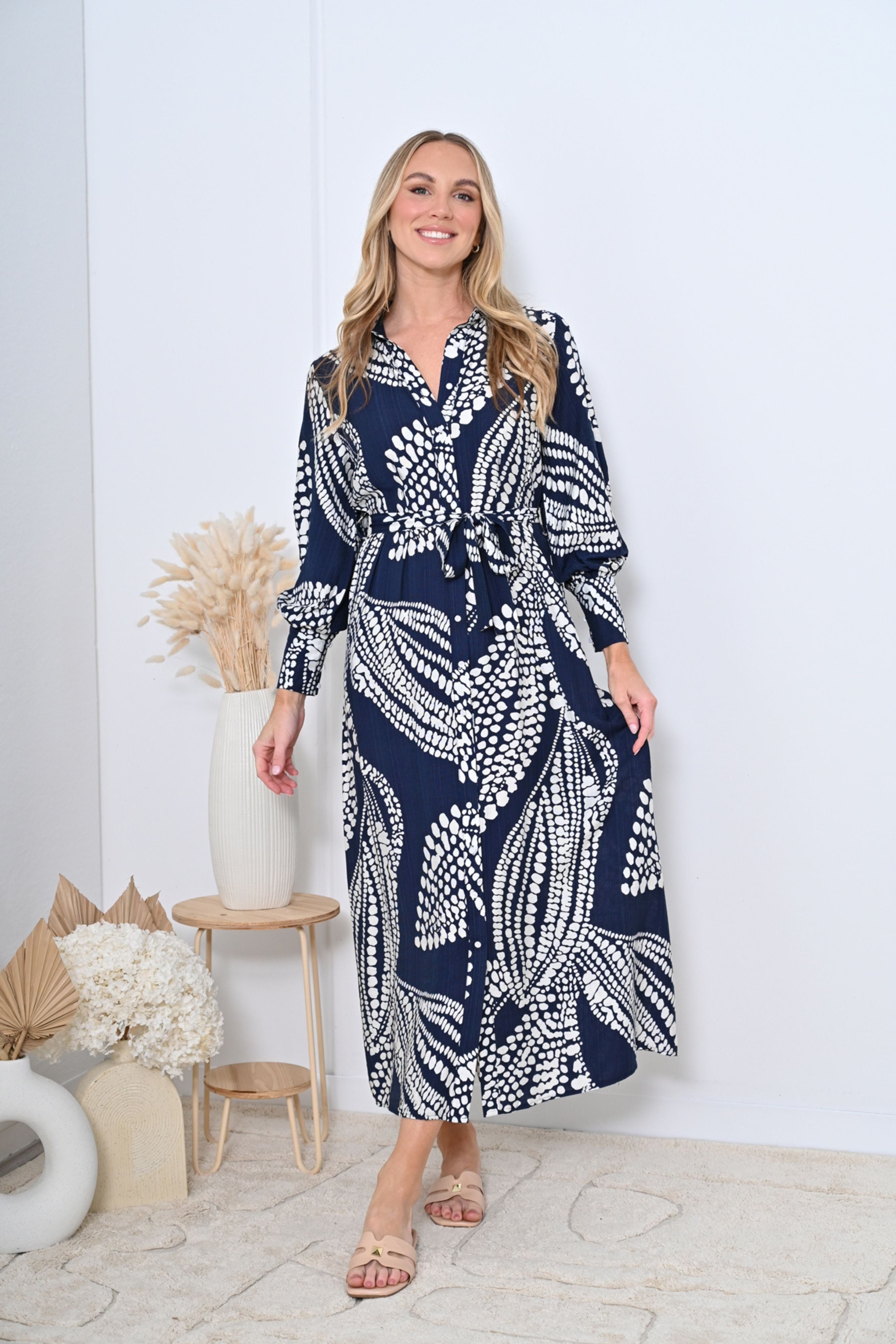 Isla Dress in Navy and White