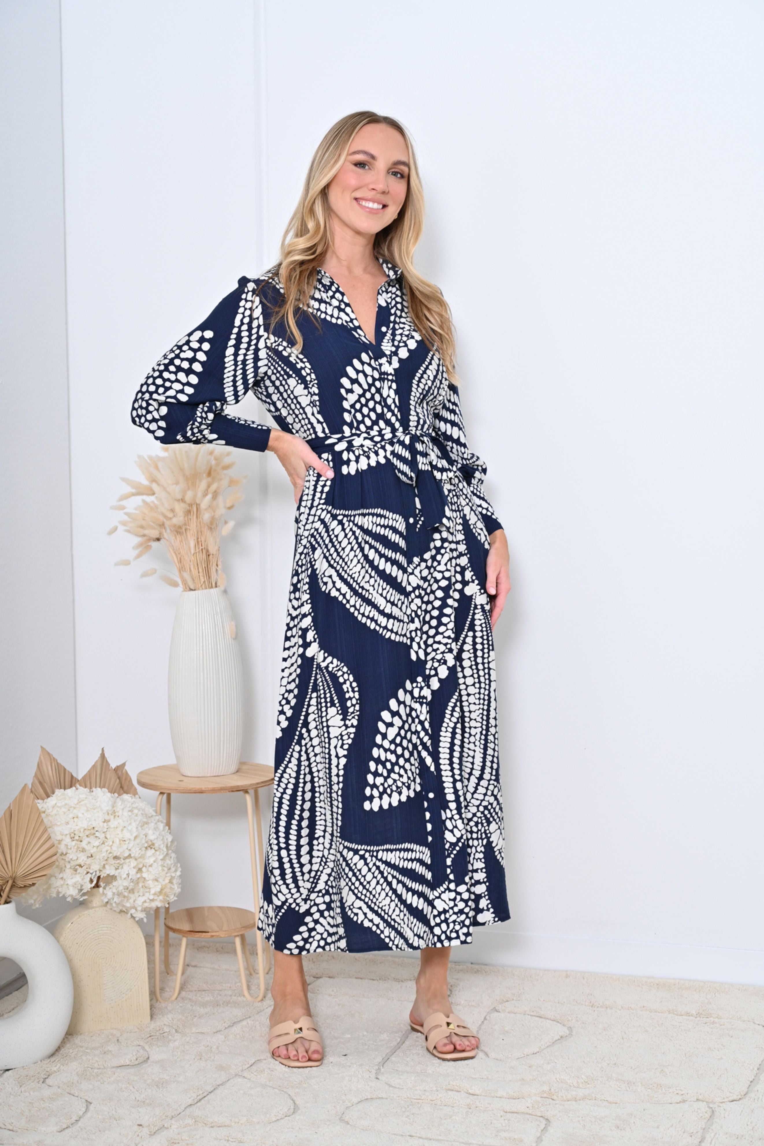 Isla Dress in Navy and White