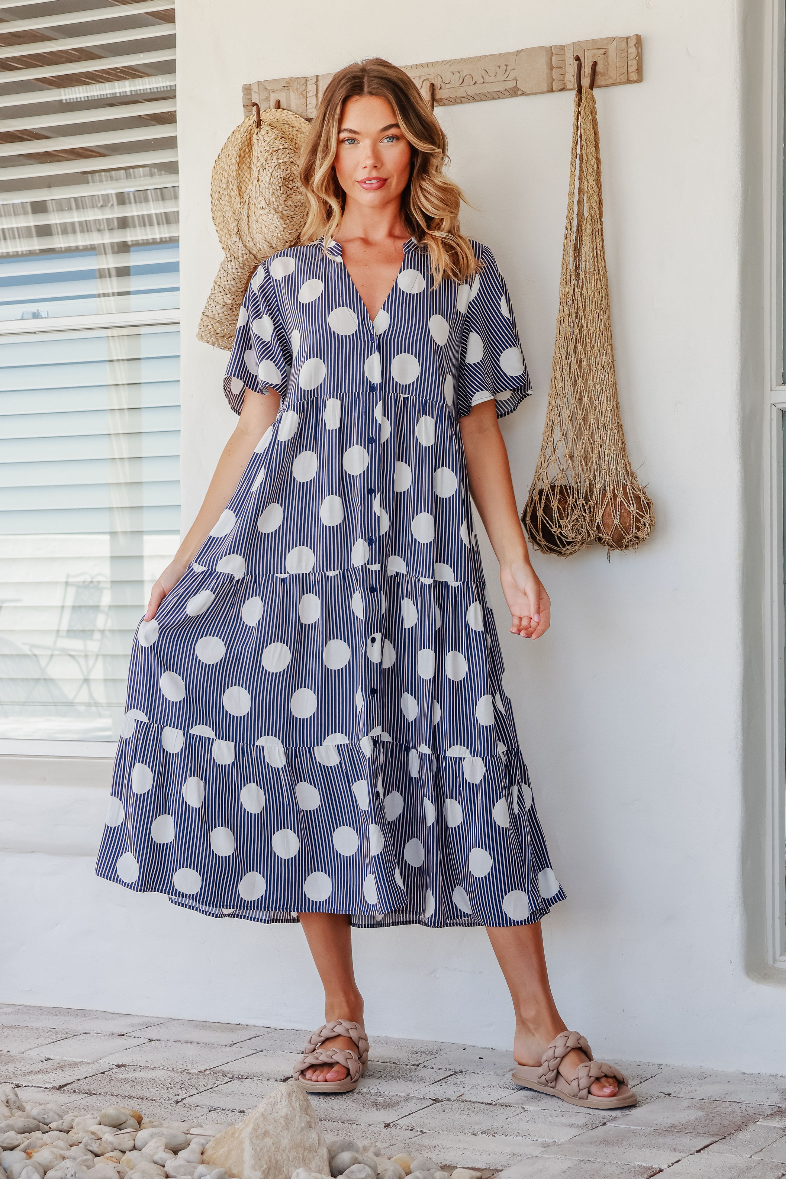 Nava Midi Dress in Navy and Pale Pink