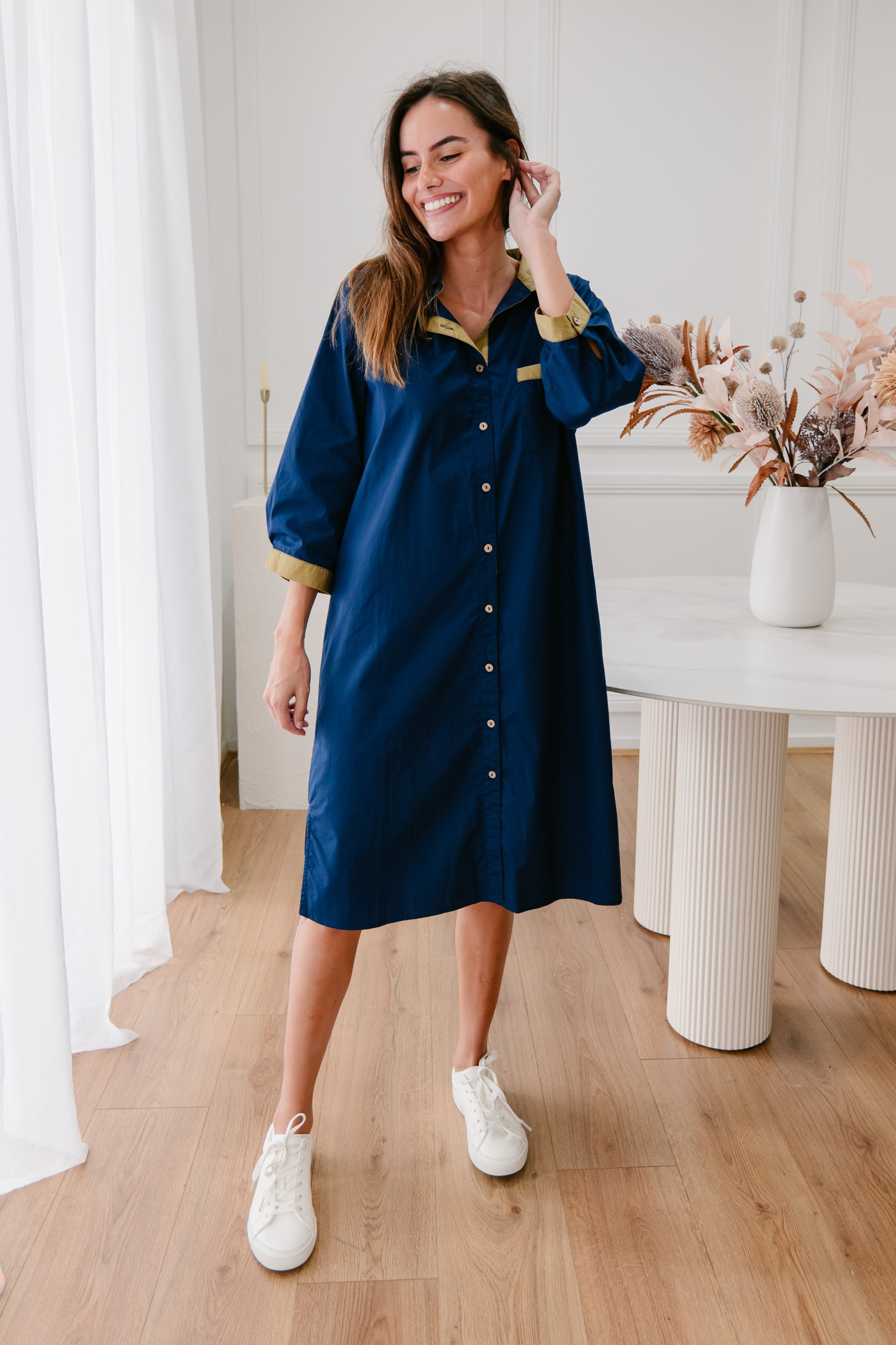 WINIFRED Shirt Dress in Navy and Olive Green