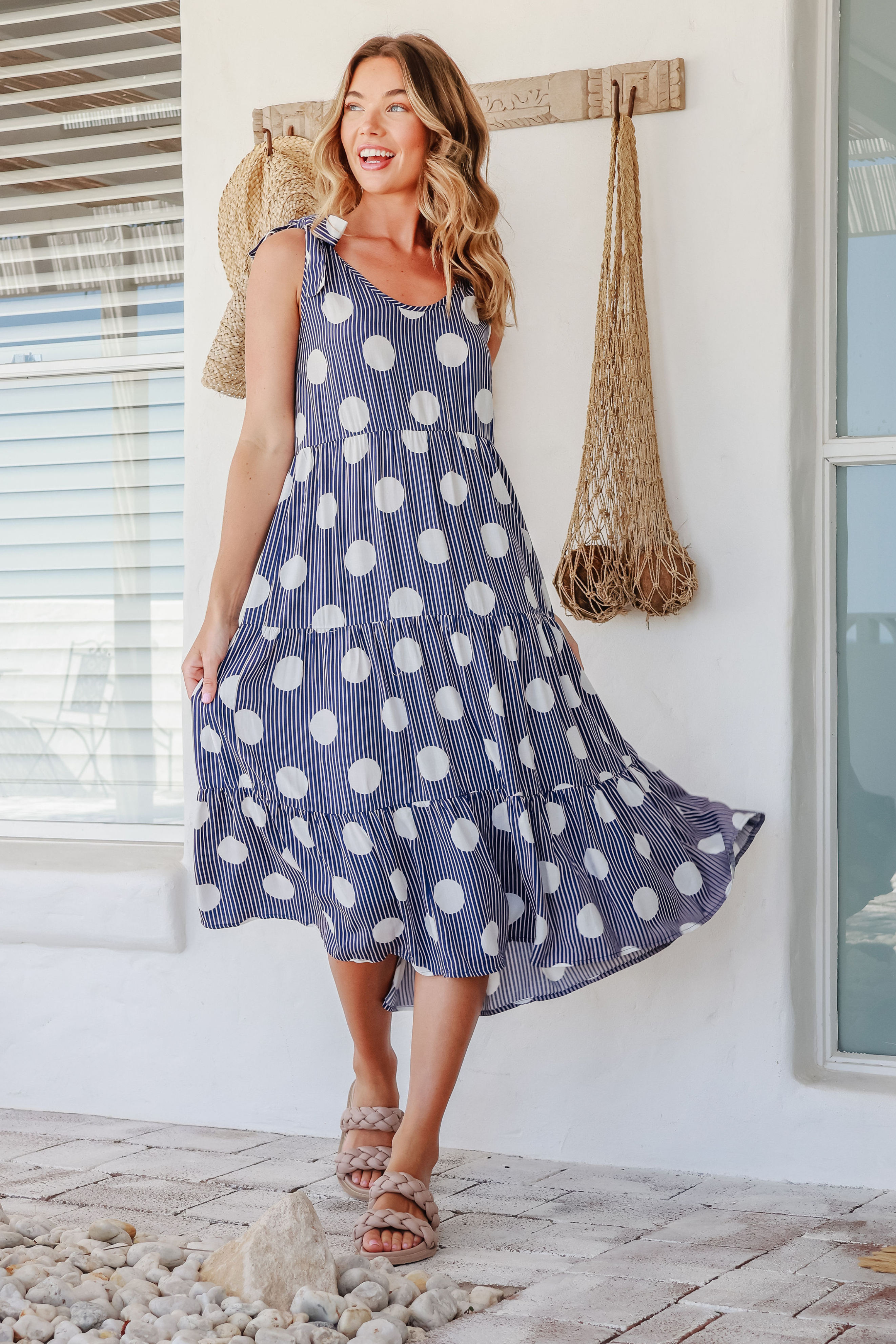 Nava Midi Dress in Navy and Pale Pink