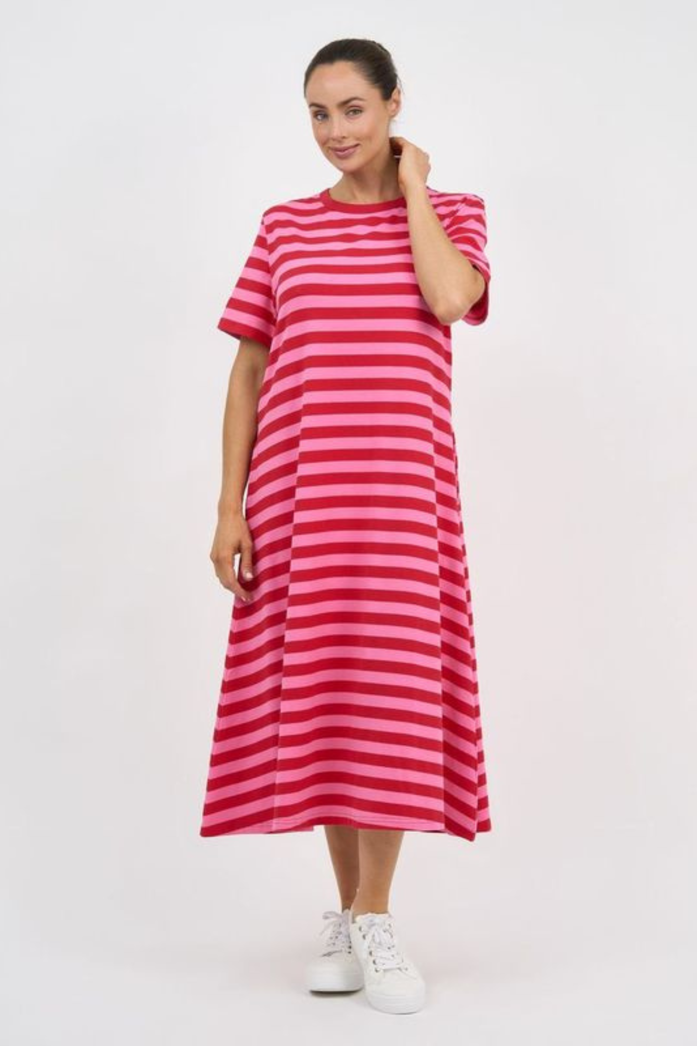 **Pre-Order- All Sizes** Tilly Cotton Jersey Stripe Dress - Pink and Red