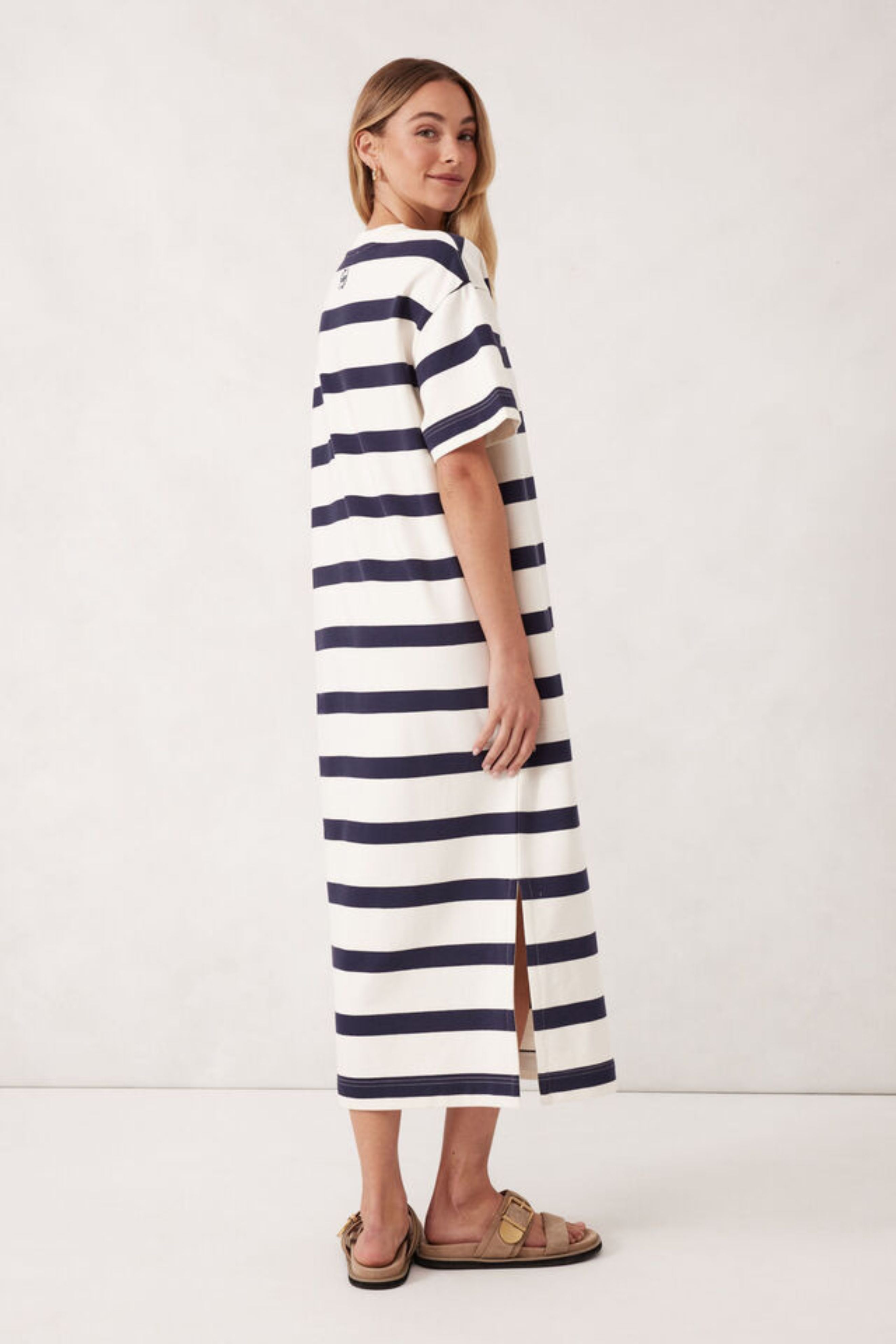 Midi Terry Dress - White and Navy Stripe
