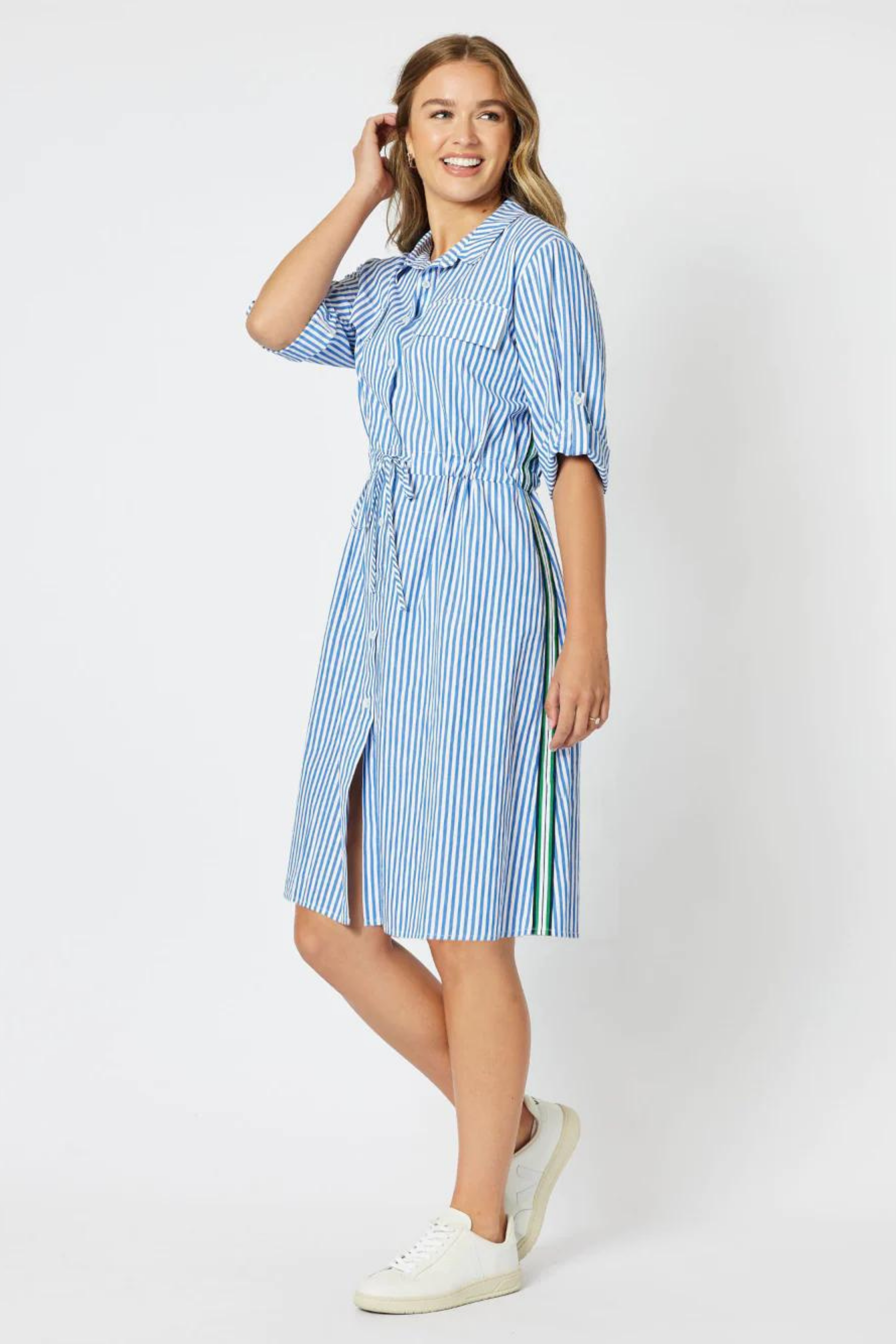 Hadley Stripe Shirt Dress in Blue and White