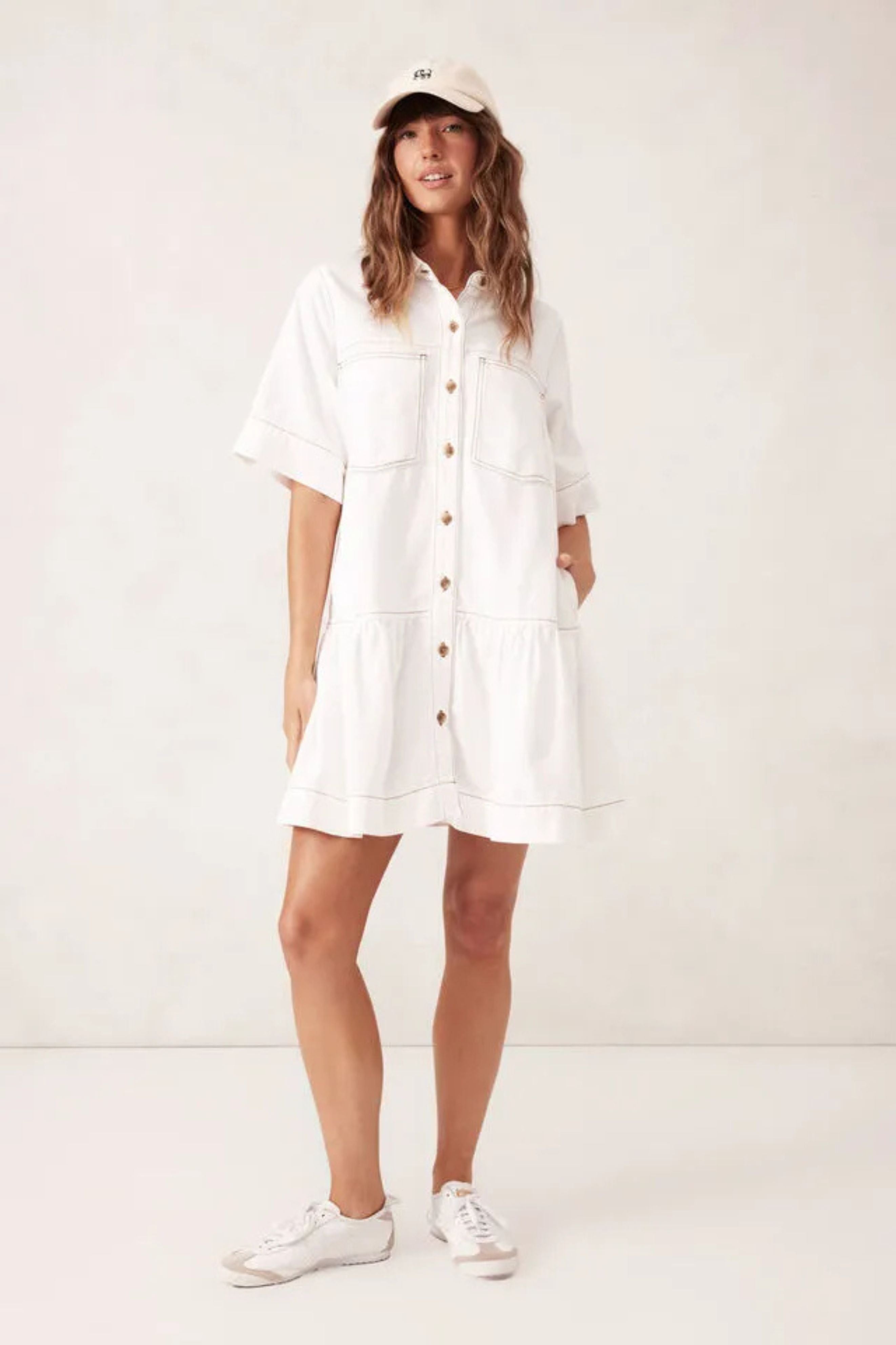 Piper Short Sleeve Tiered Pocket Shirt Dress - Fresh Ecru