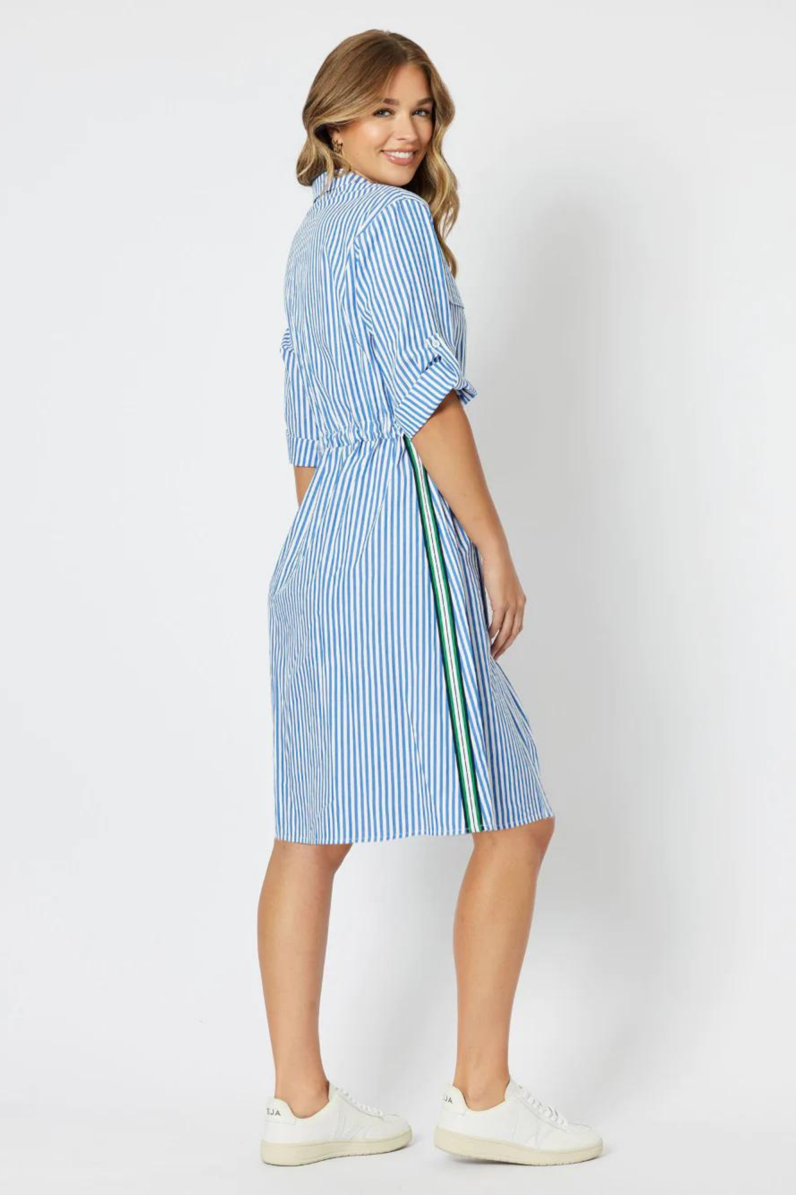 Hadley Stripe Shirt Dress in Blue and White