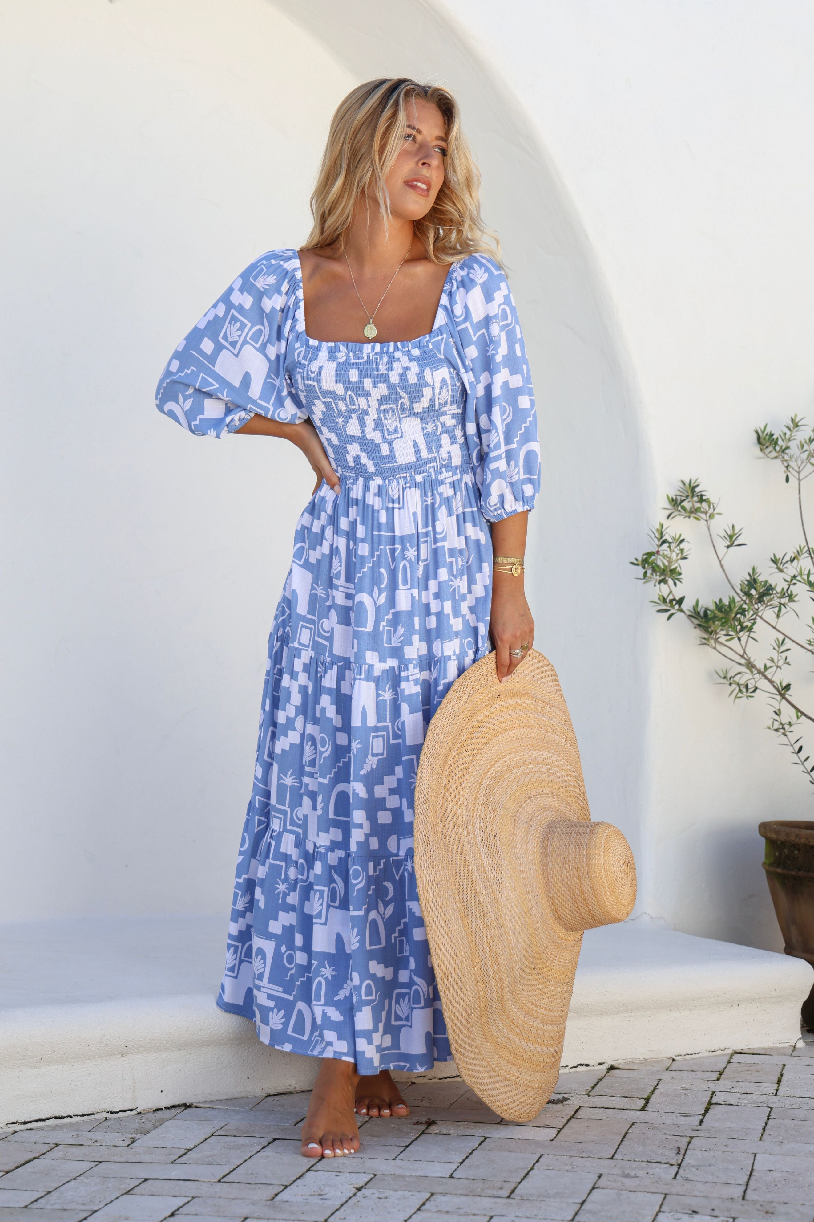 Havana Maxi Dress in Blue and White