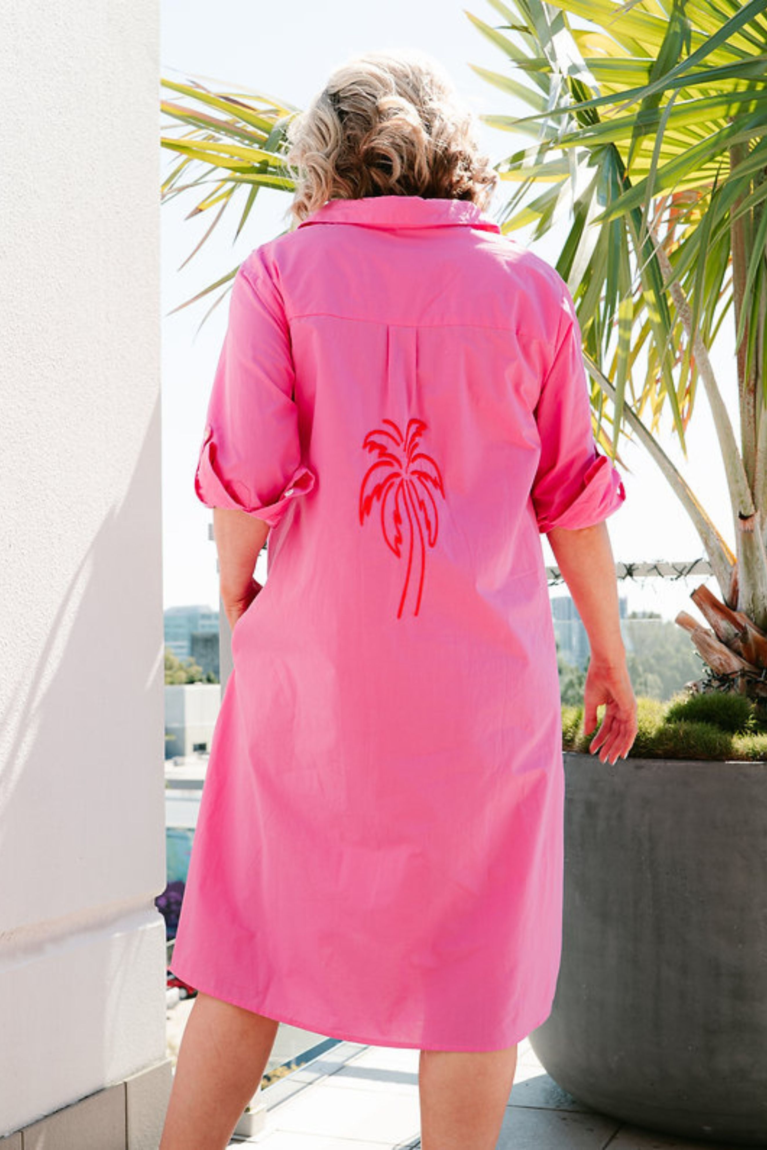 Callie Shirt Dress in Pink with Red Palm Print
