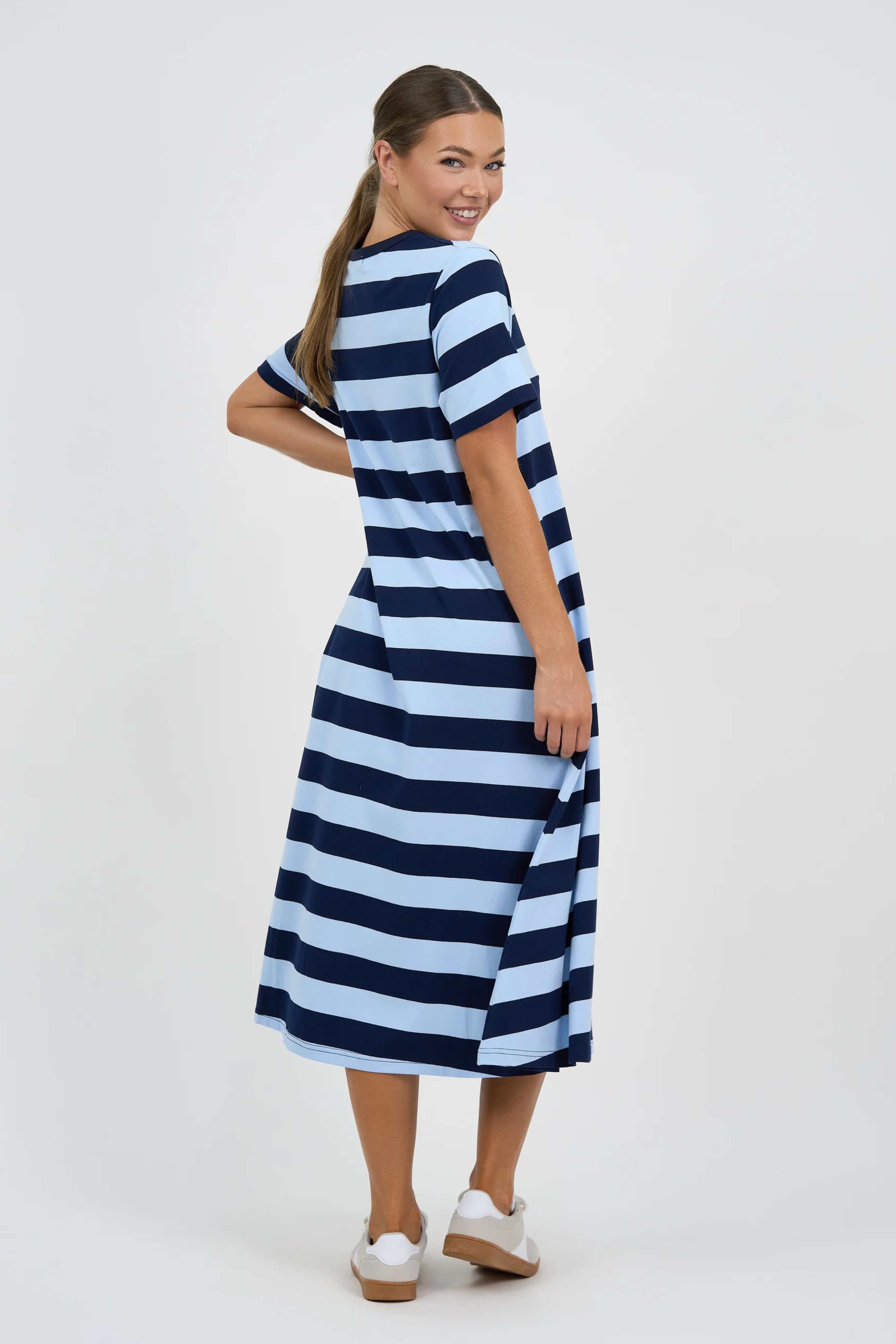 **Pre-Order** Tilly Cotton Jersey Stripe Dress - Navy and Blue