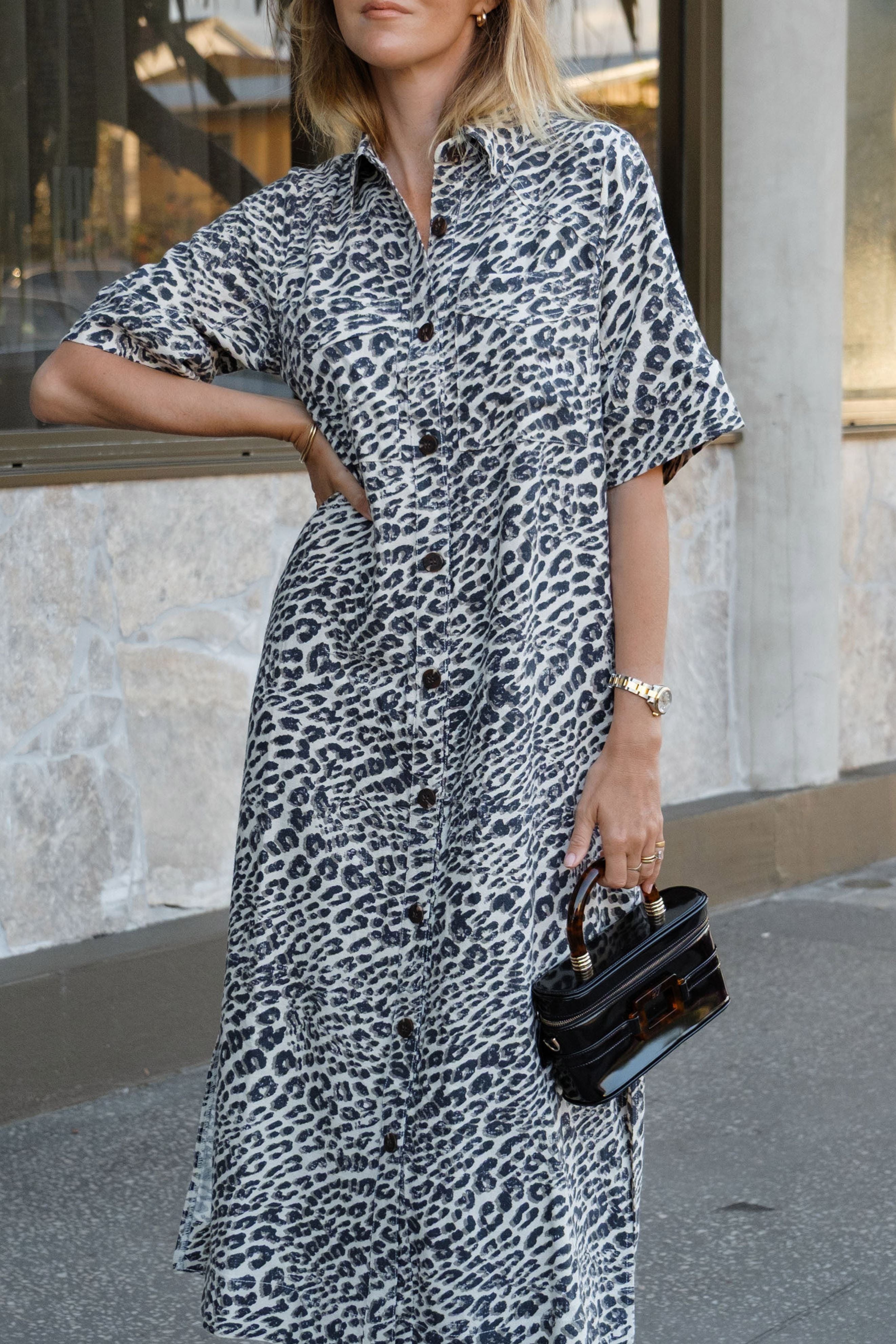 Ava Short Sleeve Midi Dress in Animal Print