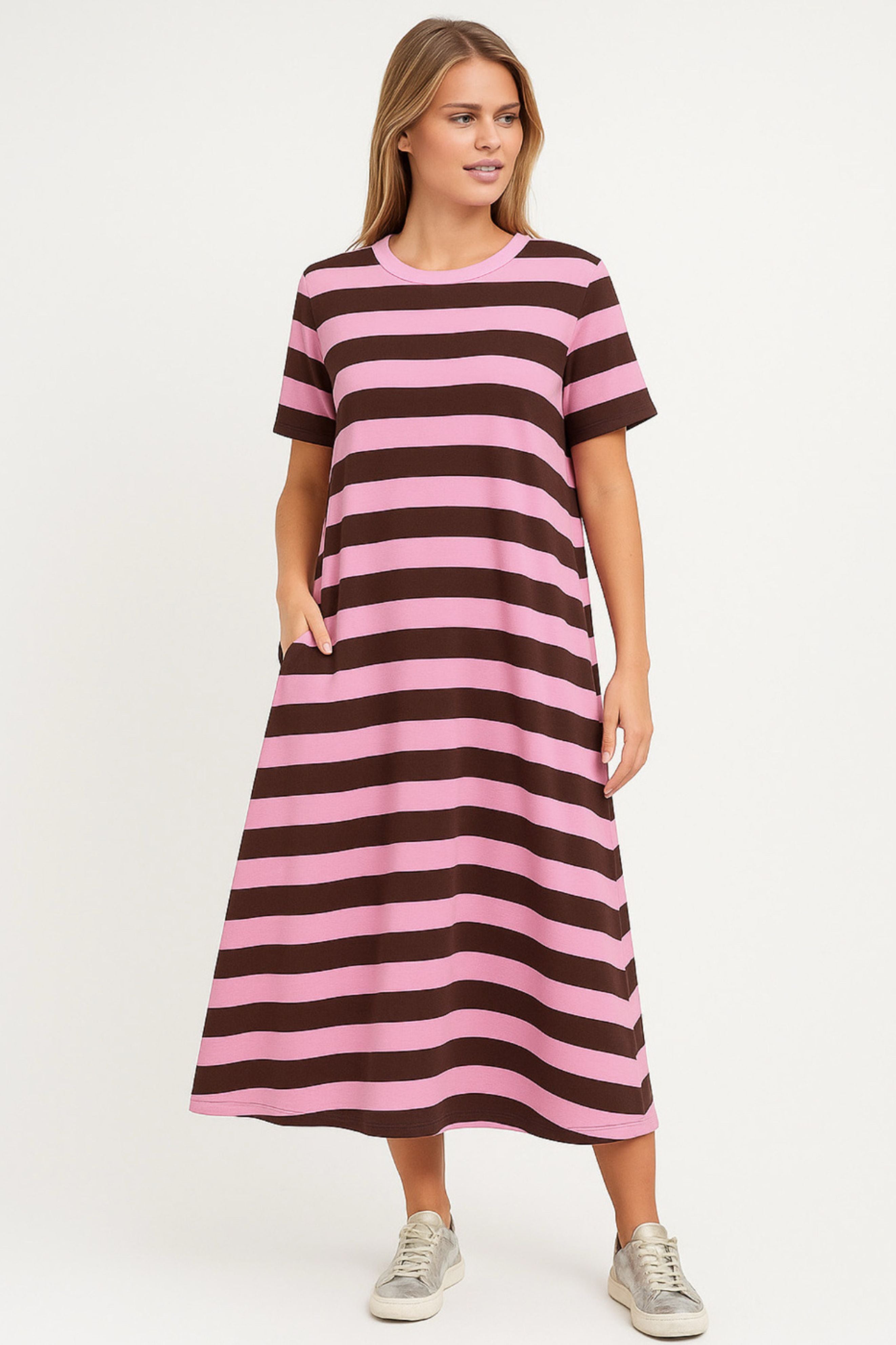 Tilly Cotton Jersey Stripe Dress - Chocolate Brown and Pink