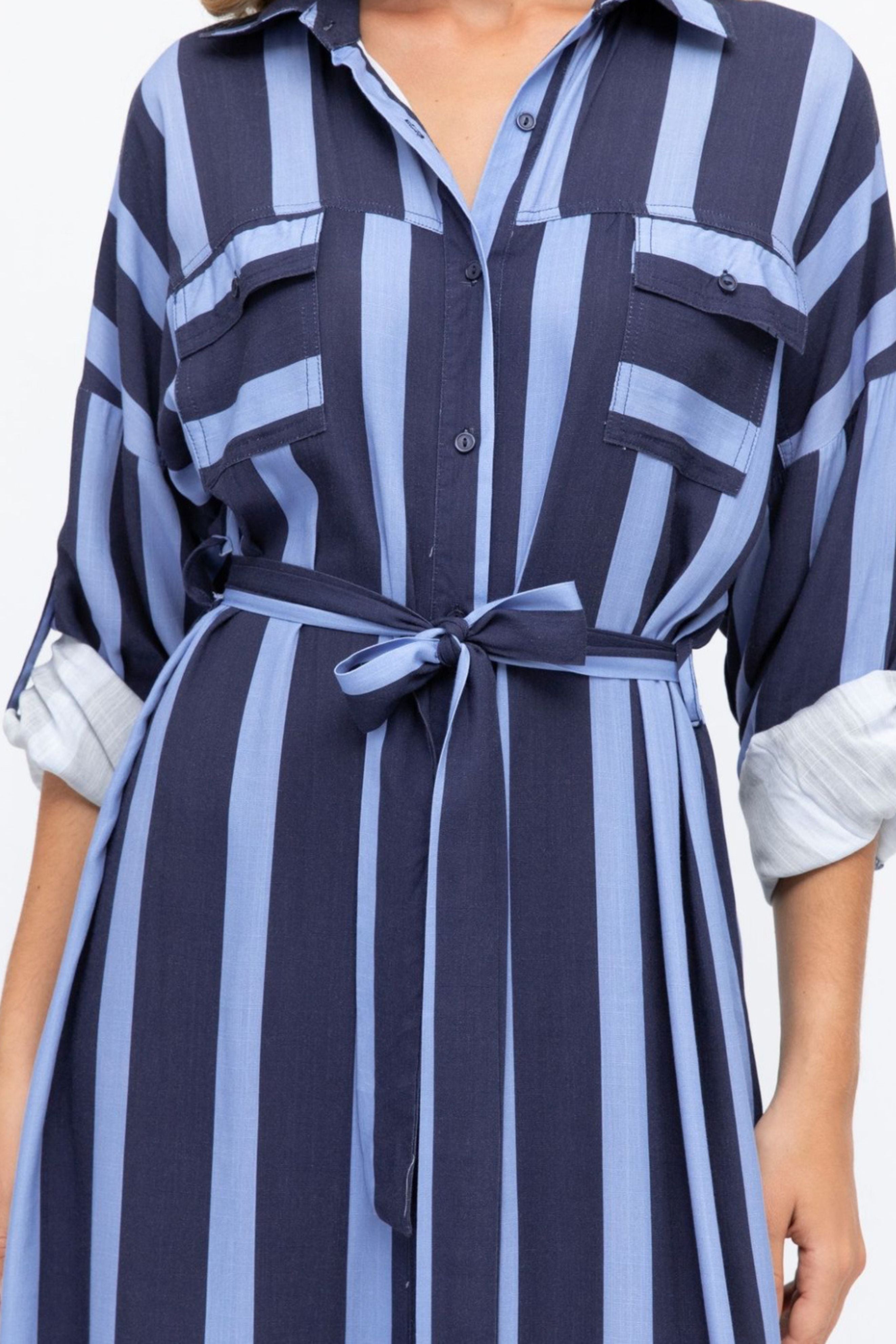 Skye Shirt Dress in Navy and Blue Stripe