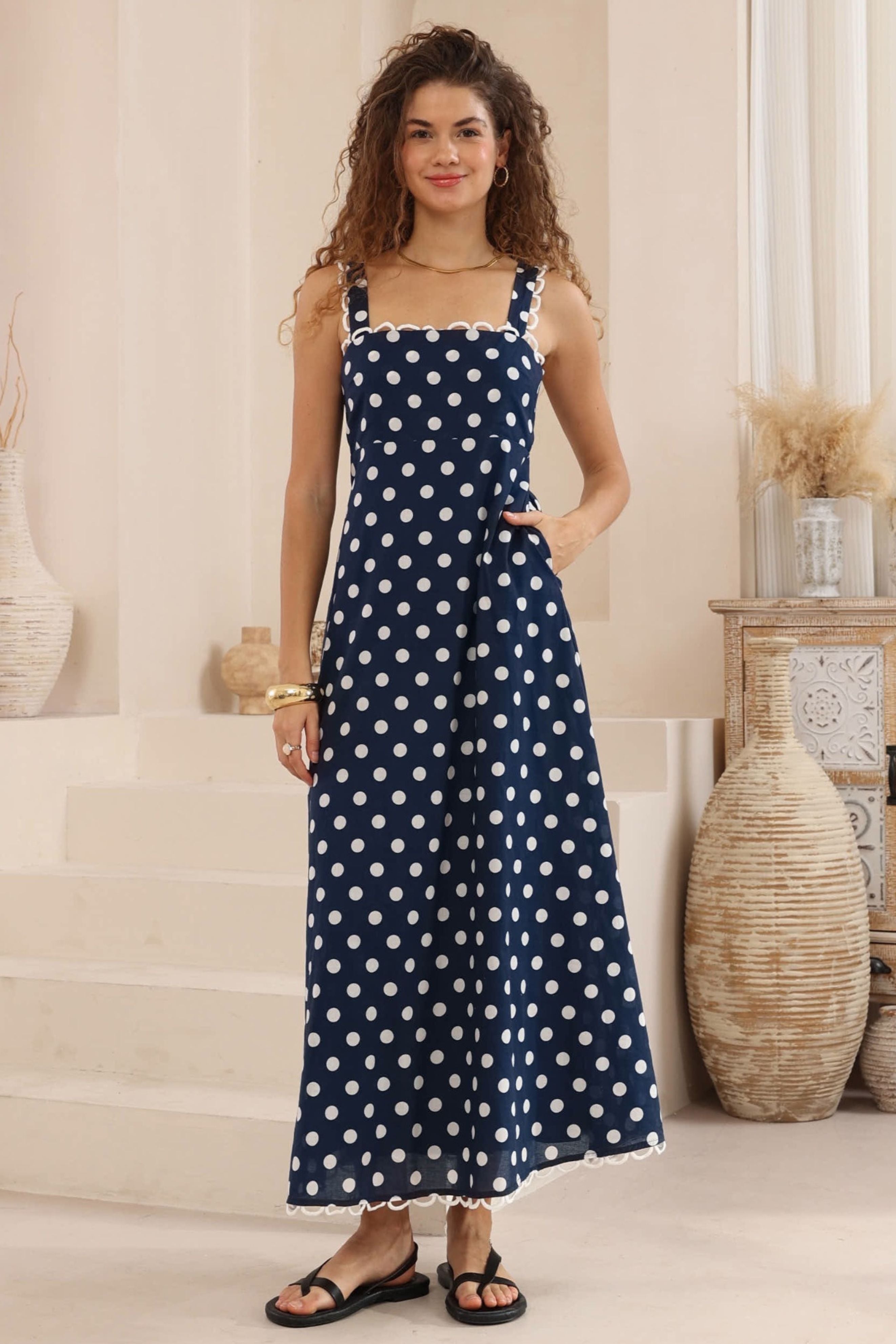 LULU Maxi Dress in Navy and White Polka Dot