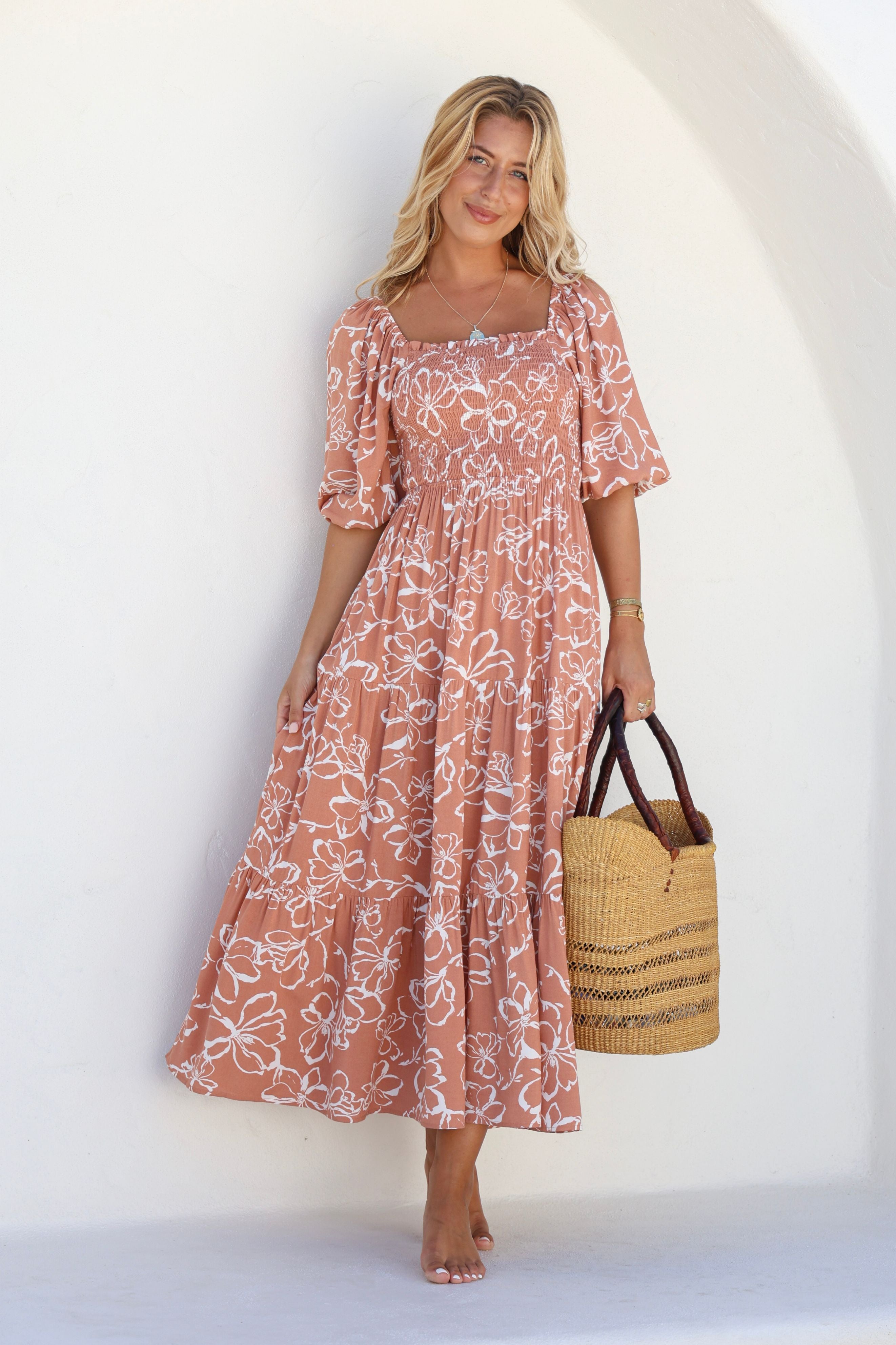 Morocco Maxi Dress in Tan and White