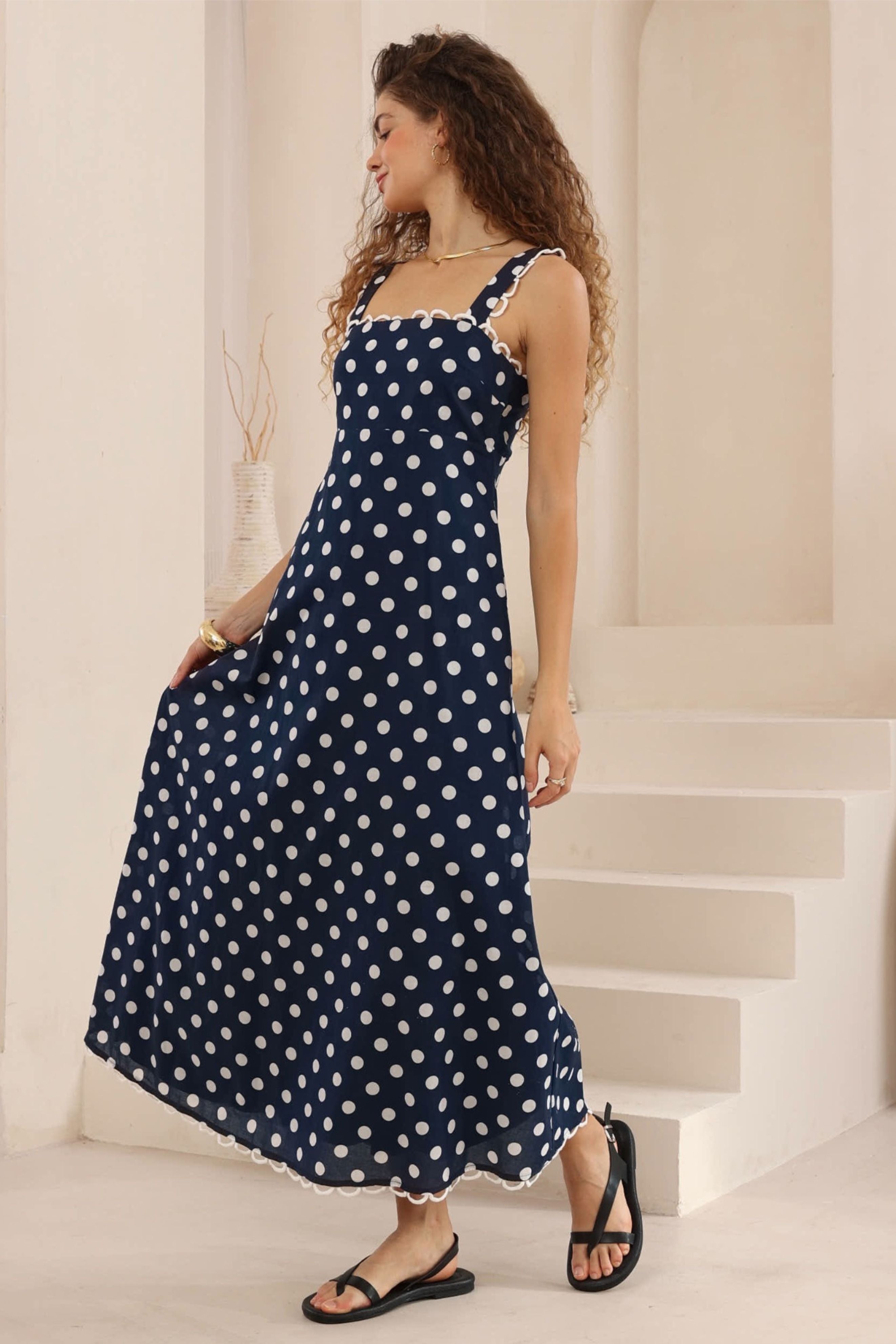LULU Maxi Dress in Navy and White Polka Dot