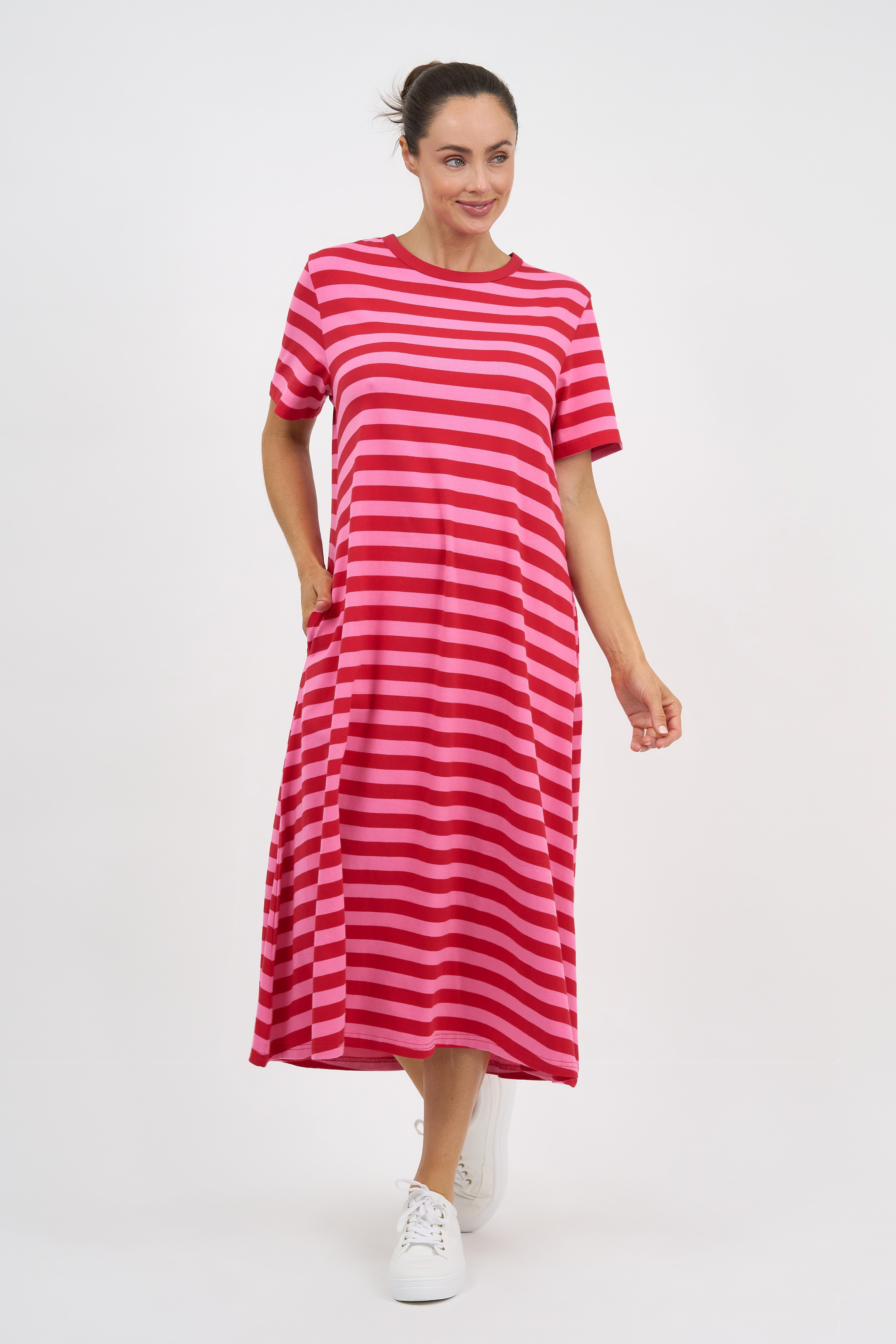 **Pre-Order- All Sizes** Tilly Cotton Jersey Stripe Dress - Pink and Red