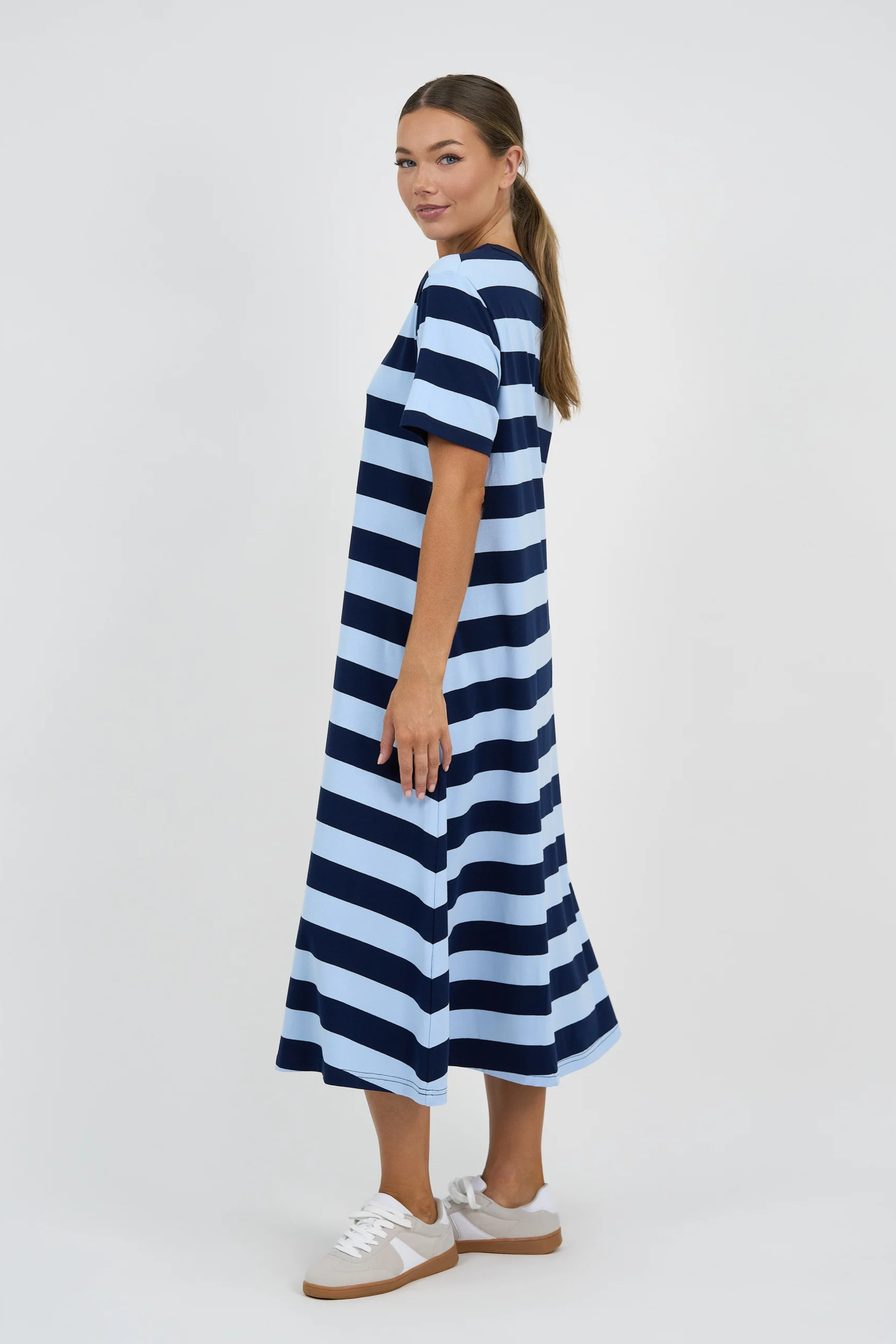 **Pre-Order** Tilly Cotton Jersey Stripe Dress - Navy and Blue