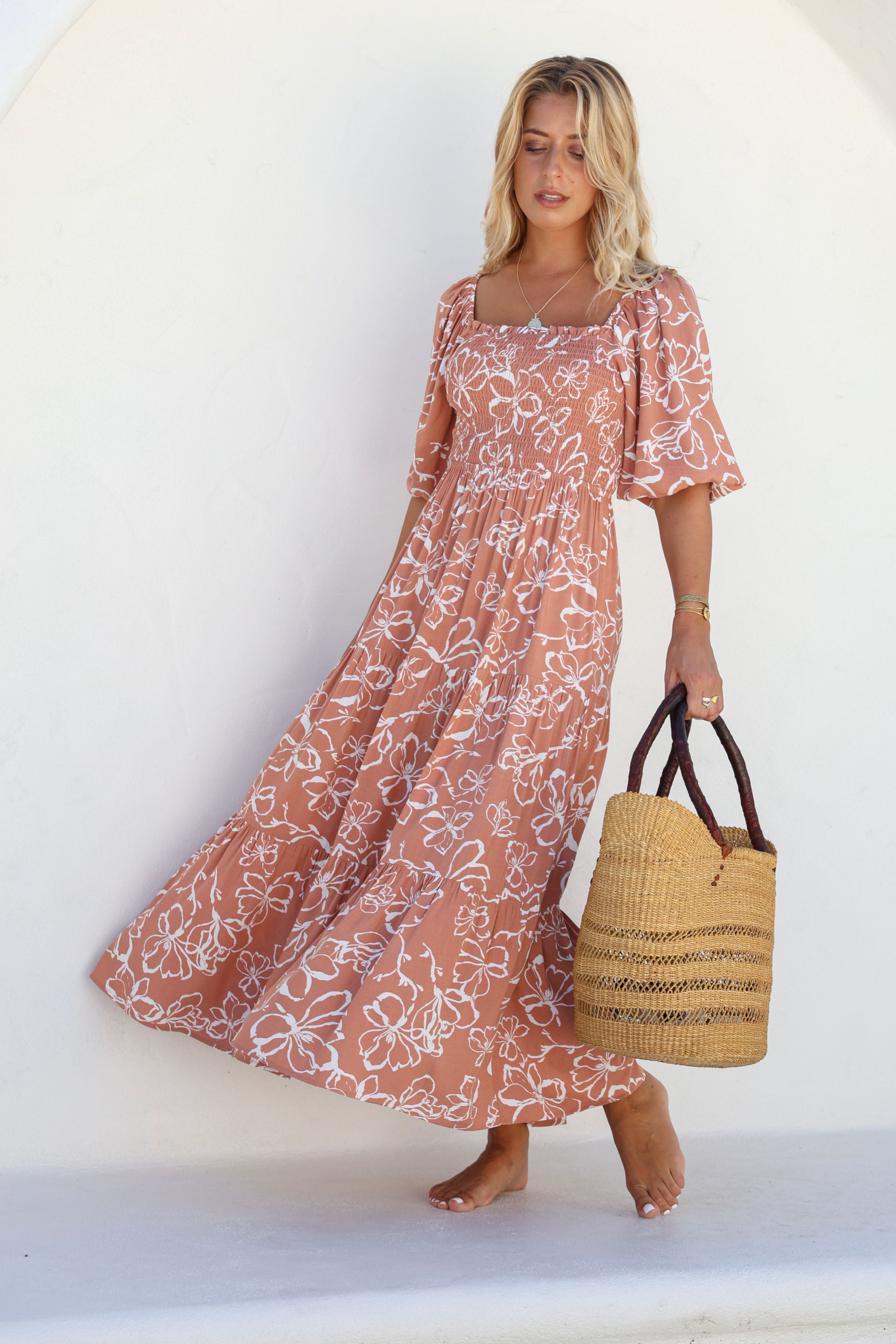 Morocco Maxi Dress in Tan and White