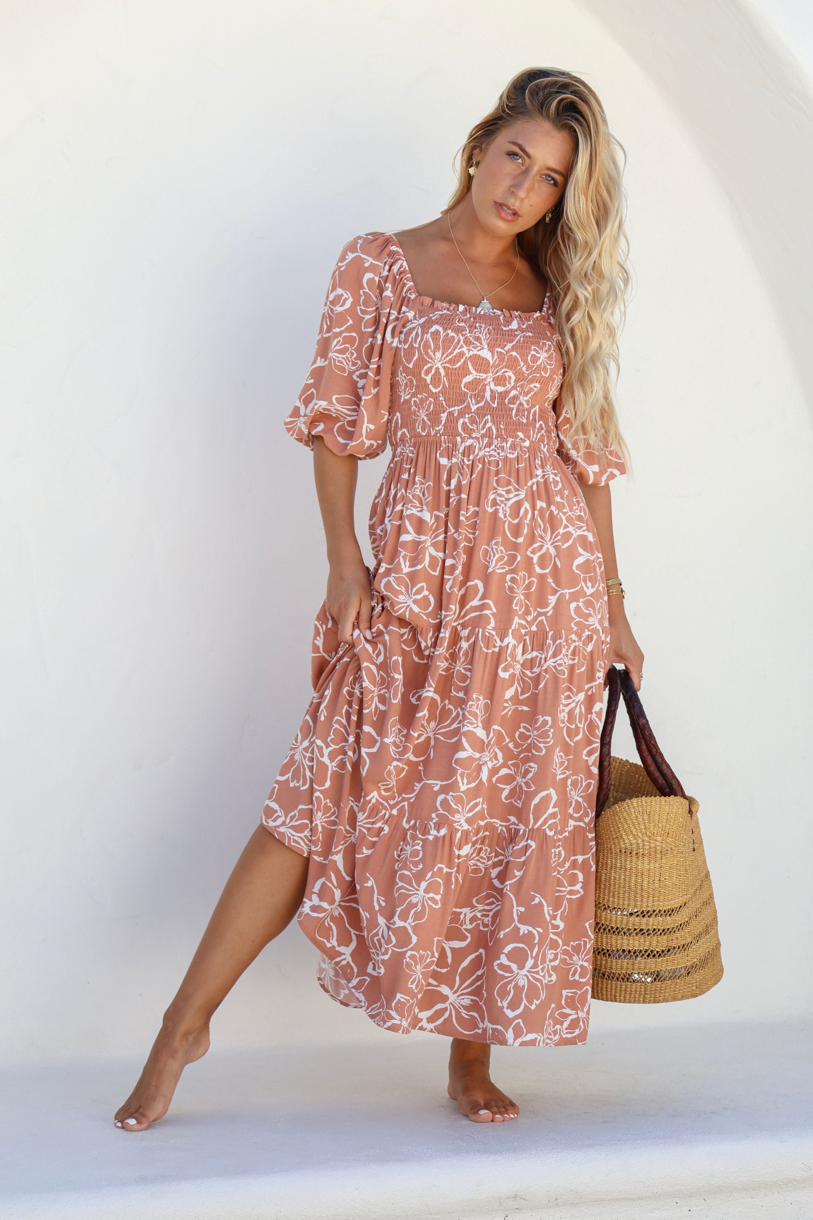 Morocco Maxi Dress in Tan and White