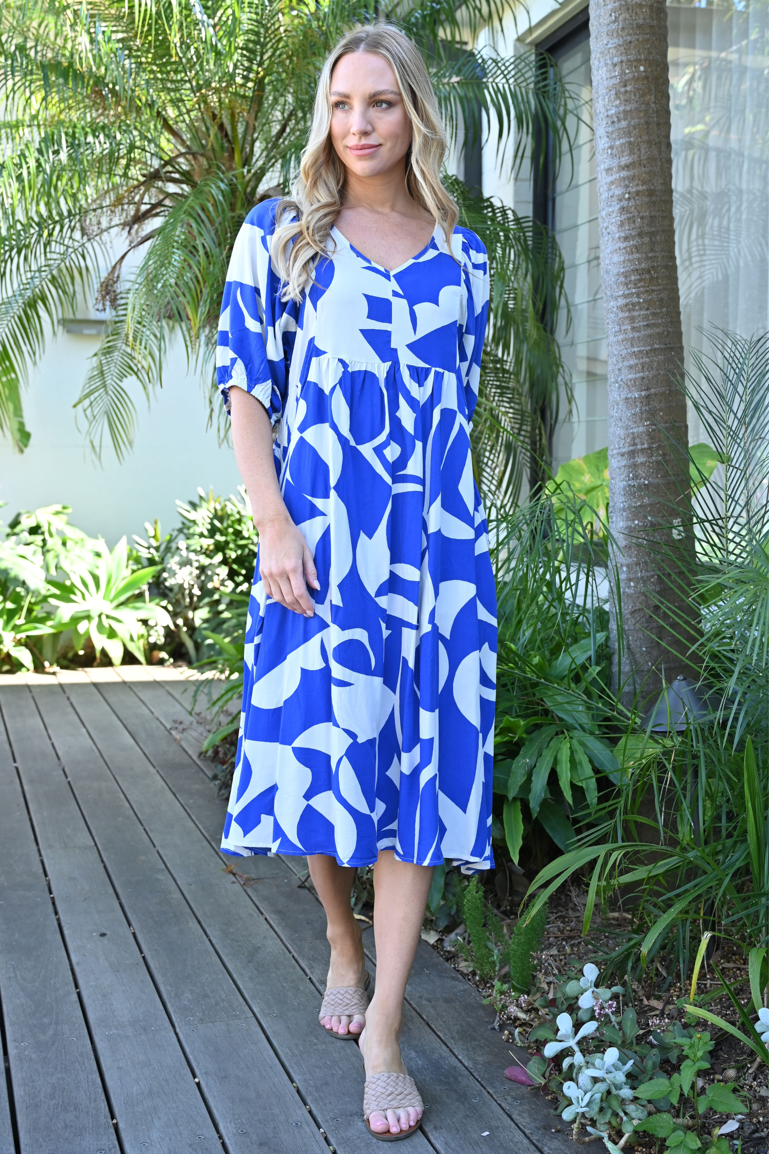 CLAUDIA Midi Dress in Blue and White Abstract Print