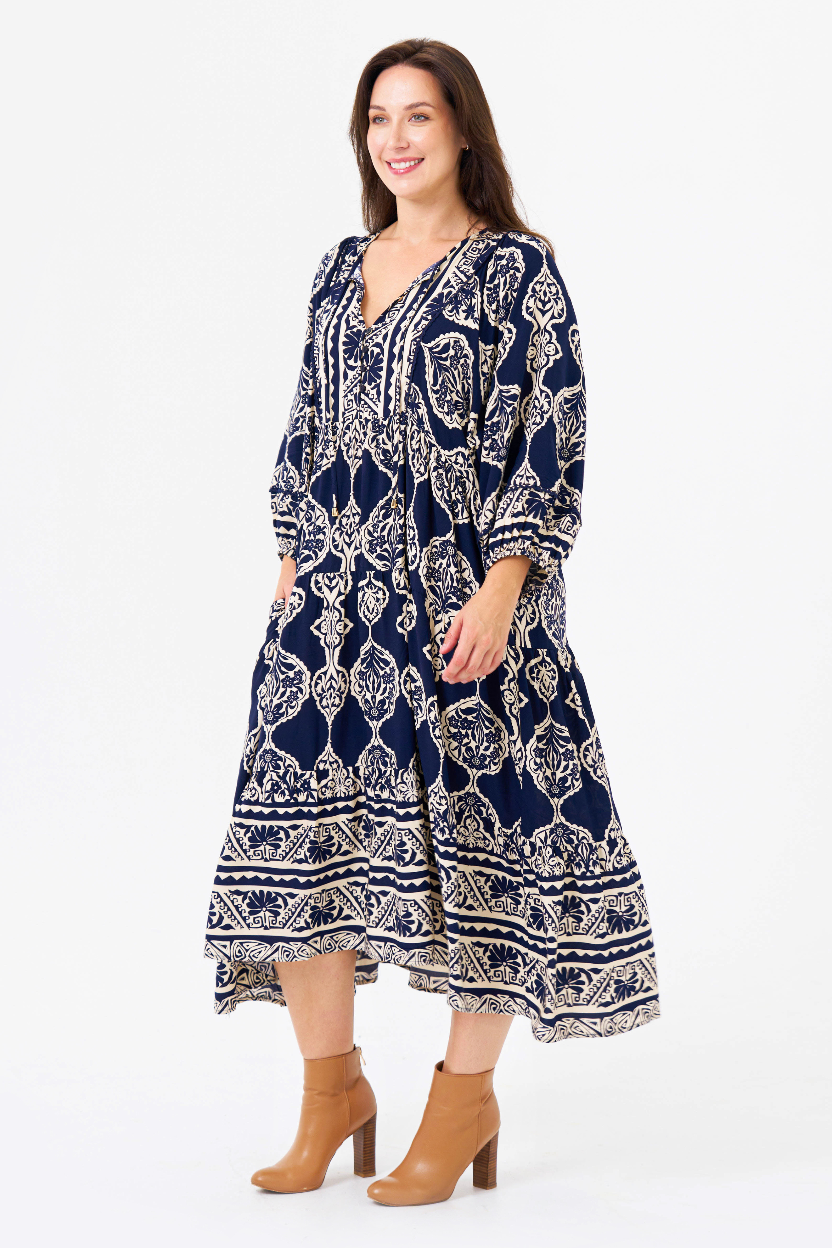 HATTIE Midi Dress in Navy and Cream