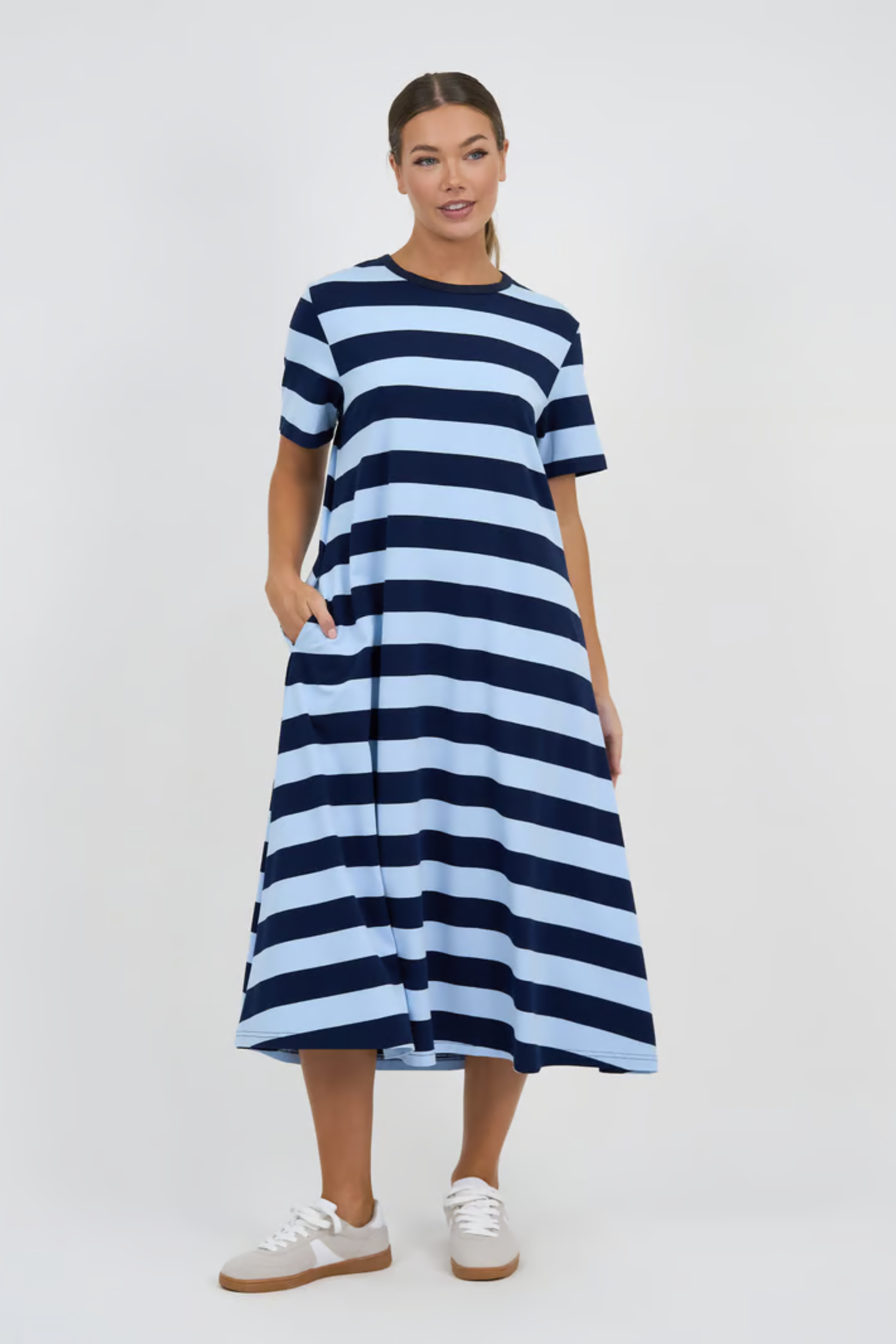 **Pre-Order** Tilly Cotton Jersey Stripe Dress - Navy and Blue