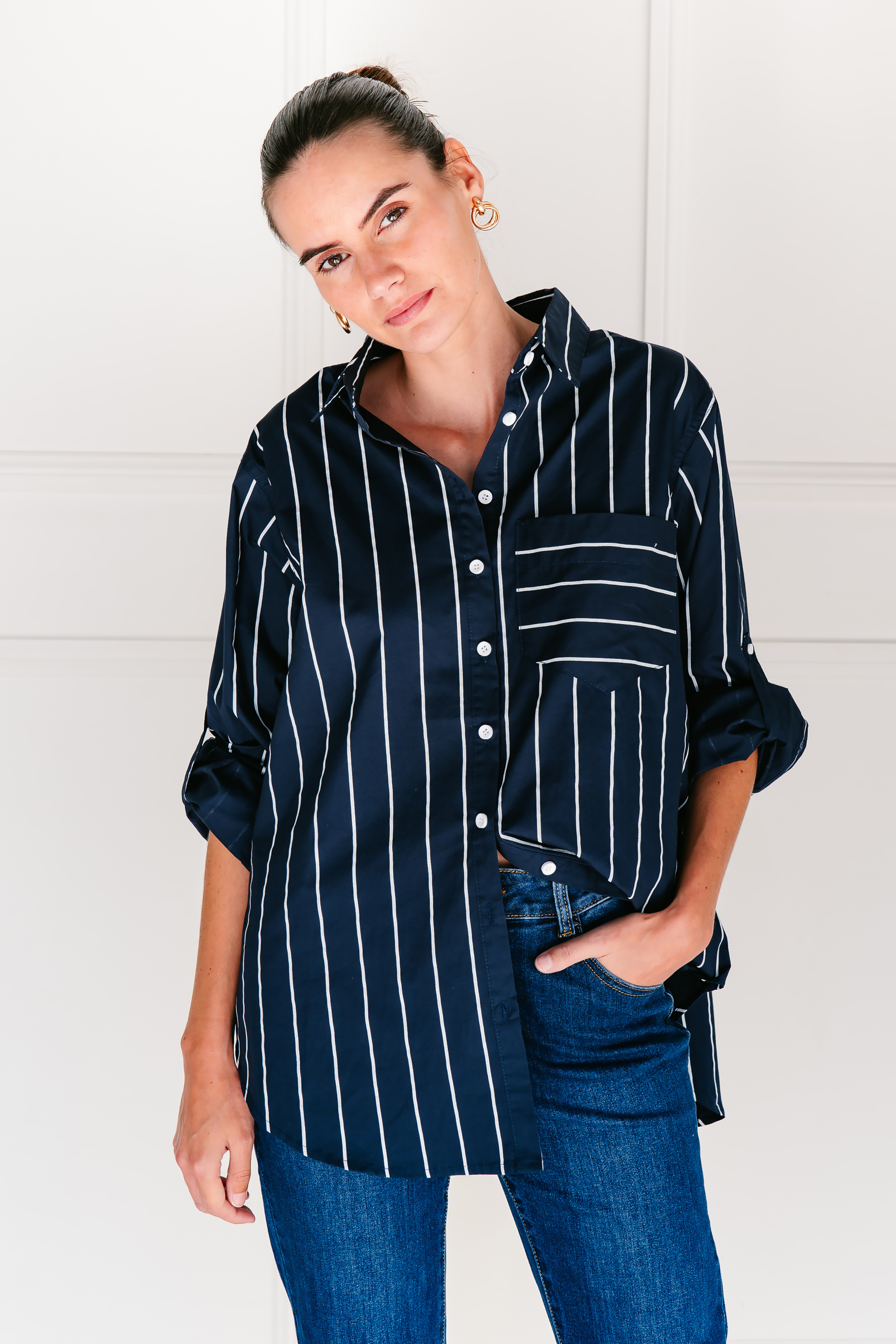 Hampstead Shirt in Navy and White Stripe