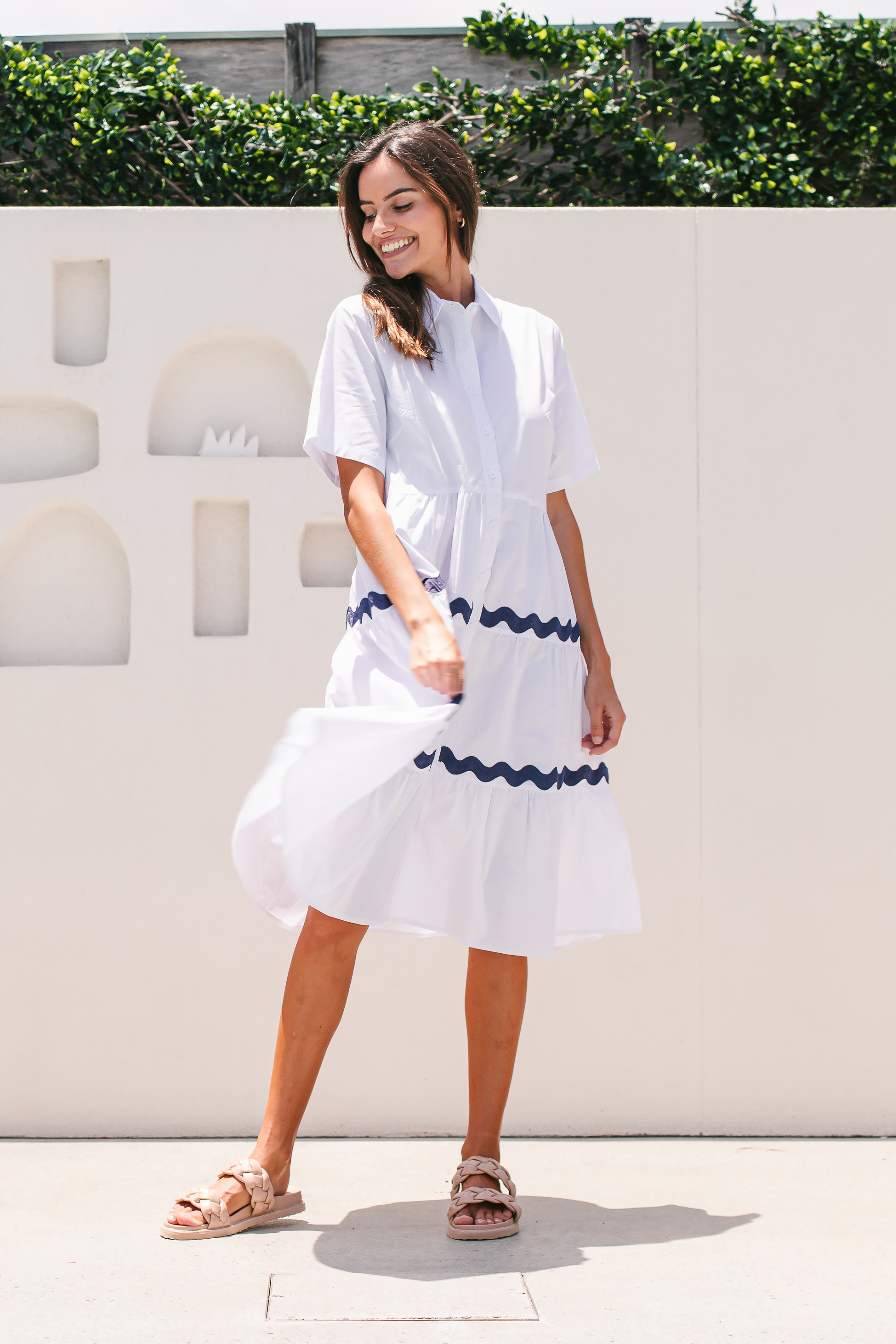 FREYA Midi Shirt Dress in White and Navy