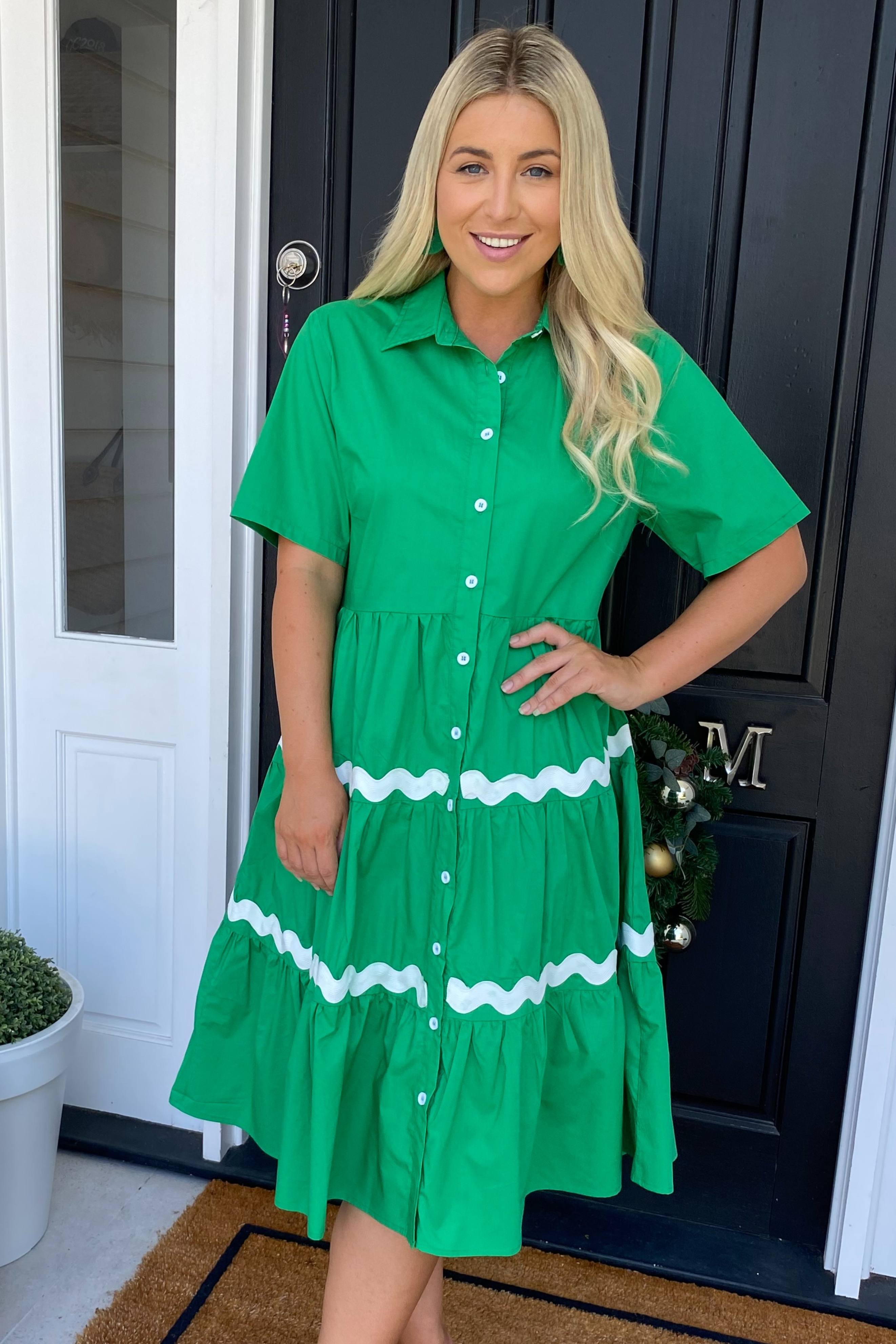FREYA Midi Shirt Dress in Green and White