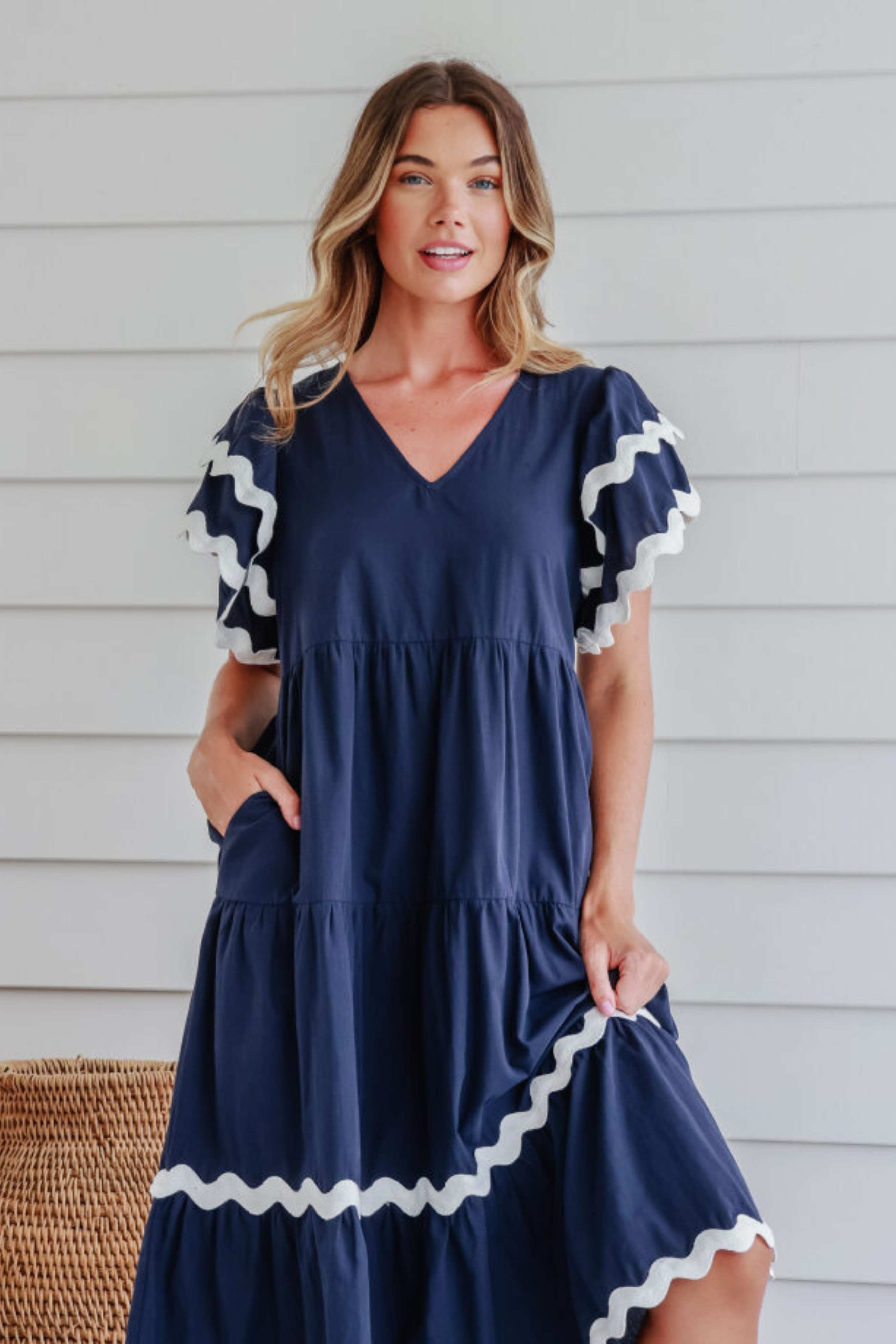 WILLOW Midi Dress in Navy and White