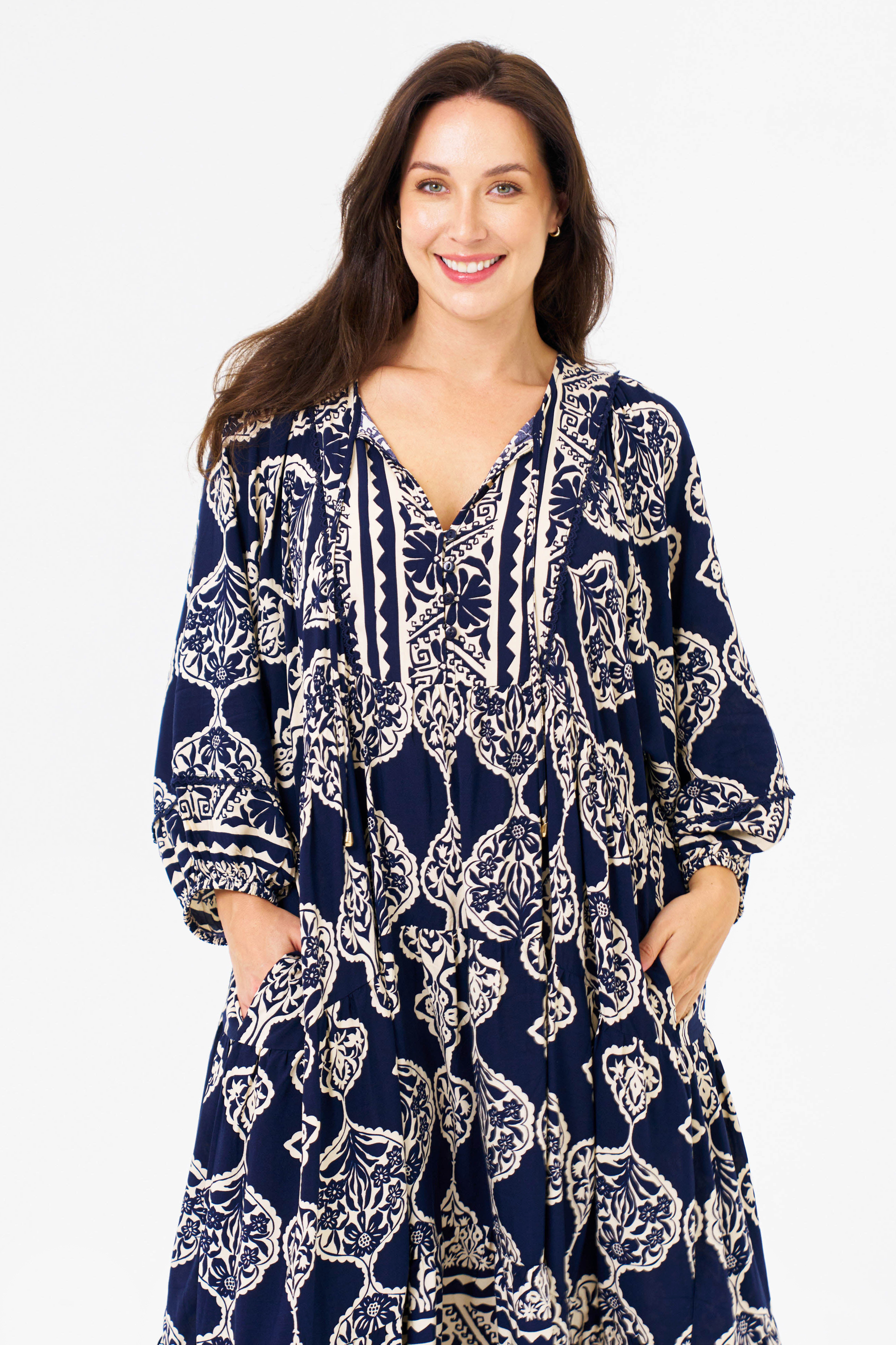 HATTIE Midi Dress in Navy and Cream