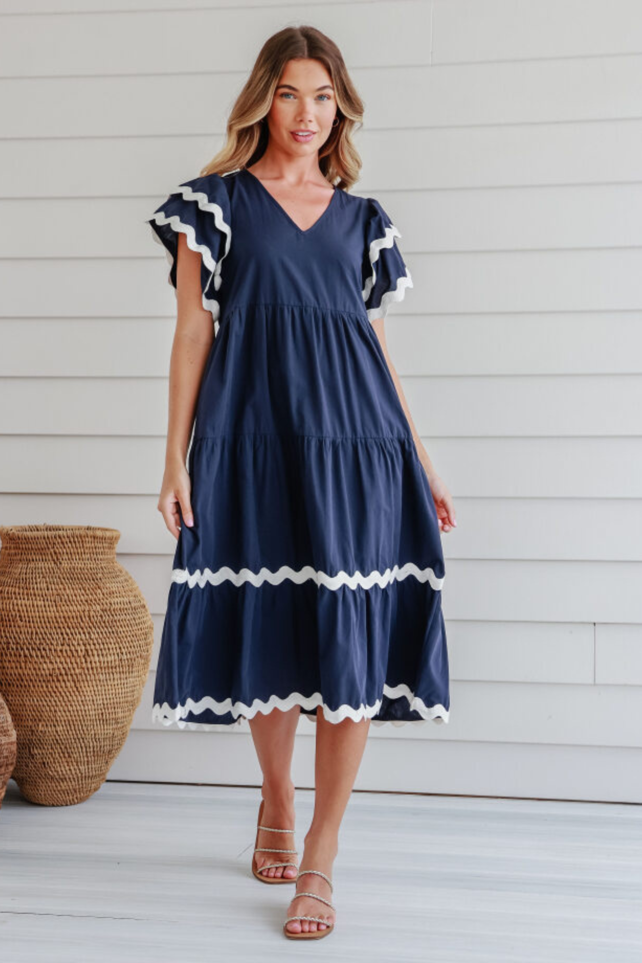 WILLOW Midi Dress in Navy and White