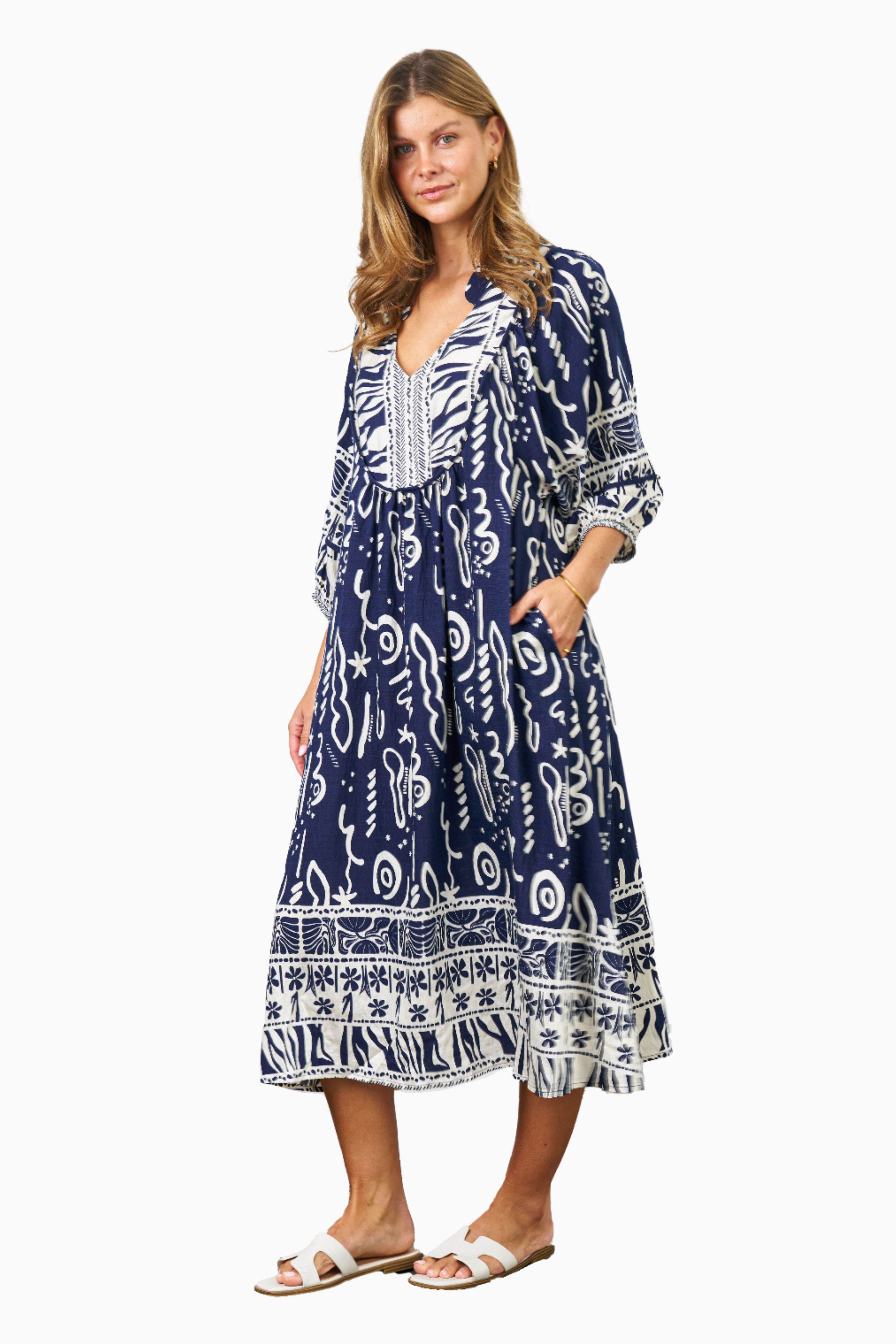Andie Midi Dress in Navy and White